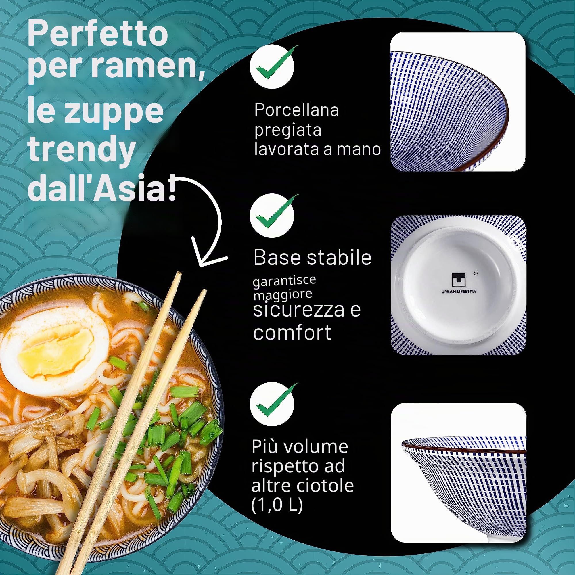 Urban Lifestyle ciotola ramen set 2 pezzi Ø 20,5 cm stile giapponese ciotola porcellana 1000 ml ciotola zuppa ciotola noodles ciotola pho ciotola insalata ciotola cereali TOKUSA