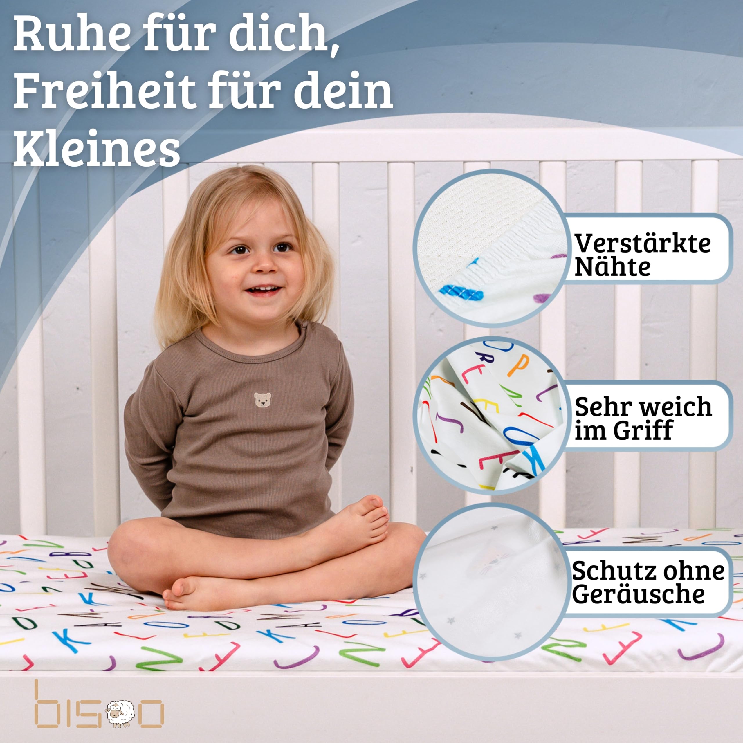 Bisoo Zauberlaken Spannbettlaken 35x75 Buchstaben + Autos für Kinderwagen | Laken und Matratzenschoner in einem Stück, Ersparnis, Wasserdicht, Atmungsaktiv, Geräuschlos, Baumwoll-Jersey Oeko-Tex
