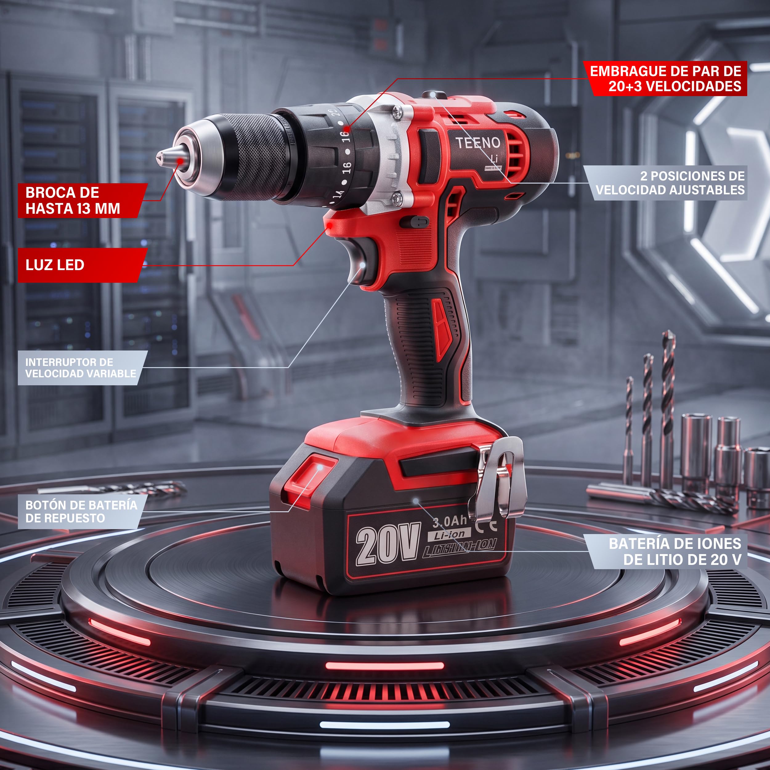 TEENO Herramientas, atornillador, llave impacto y amoladora angular batería | Equipado motor sin escobillas, pilas 3Ah y vel regulable, juego herramientas completo apto para corte, taladrado y apriete