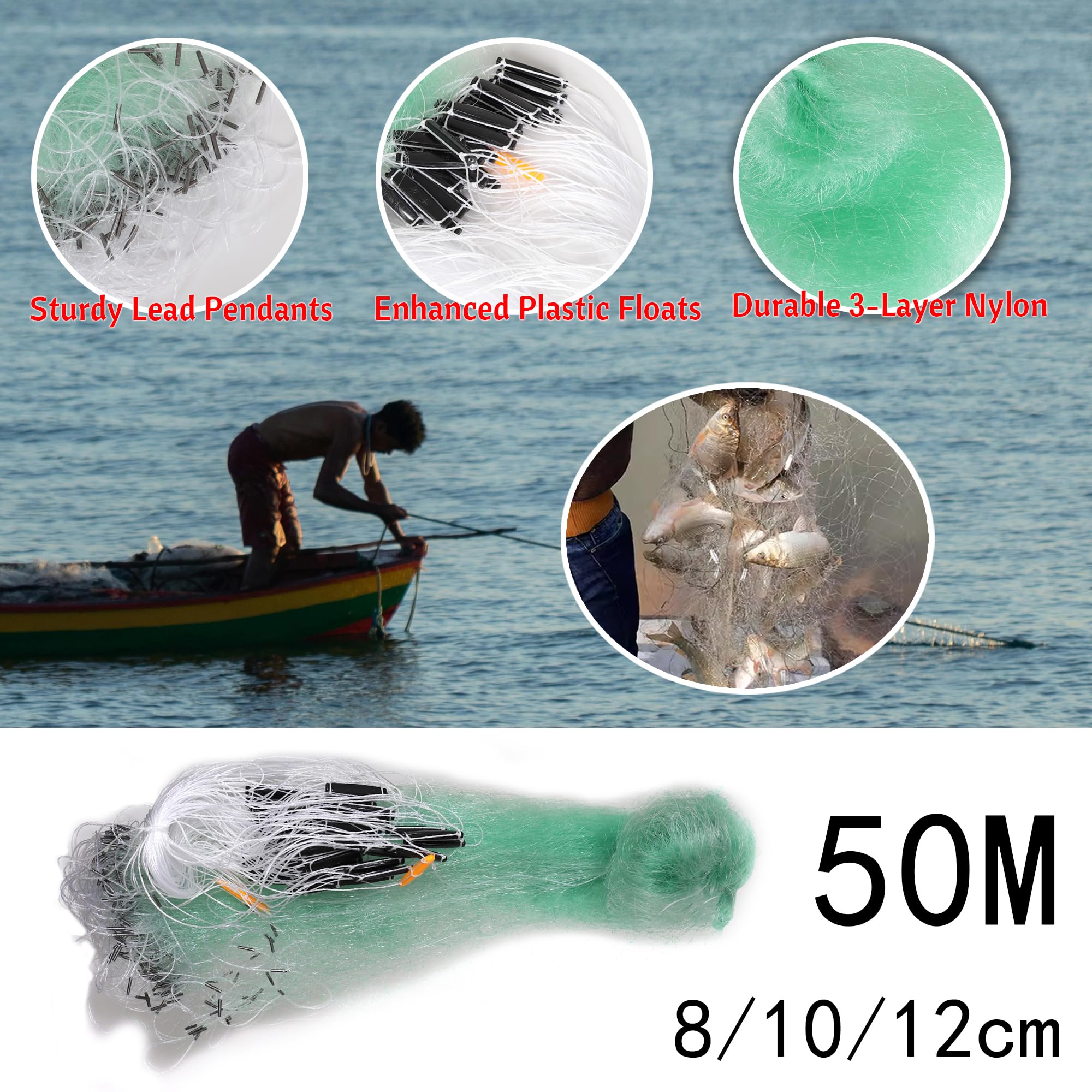 Red de pesca de 3 capas, red de pesca de nailon para pesca de 50 metros de longitud, 2 metros de altura con flotadores y fregaderos, trampa de cebo plegable