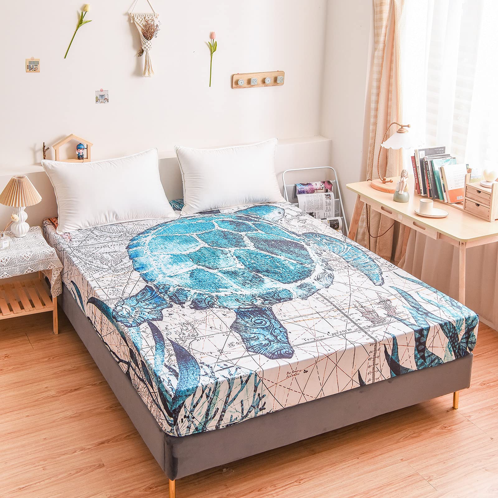 Turtle Fitted Sheet King Size Teal Blue Turtle Printed Sea Turtle Bedding Set All-Round Elastic Deep Pocket 1 Fitted Sheet Only,Gift for Boys Girls (King, Turtle)