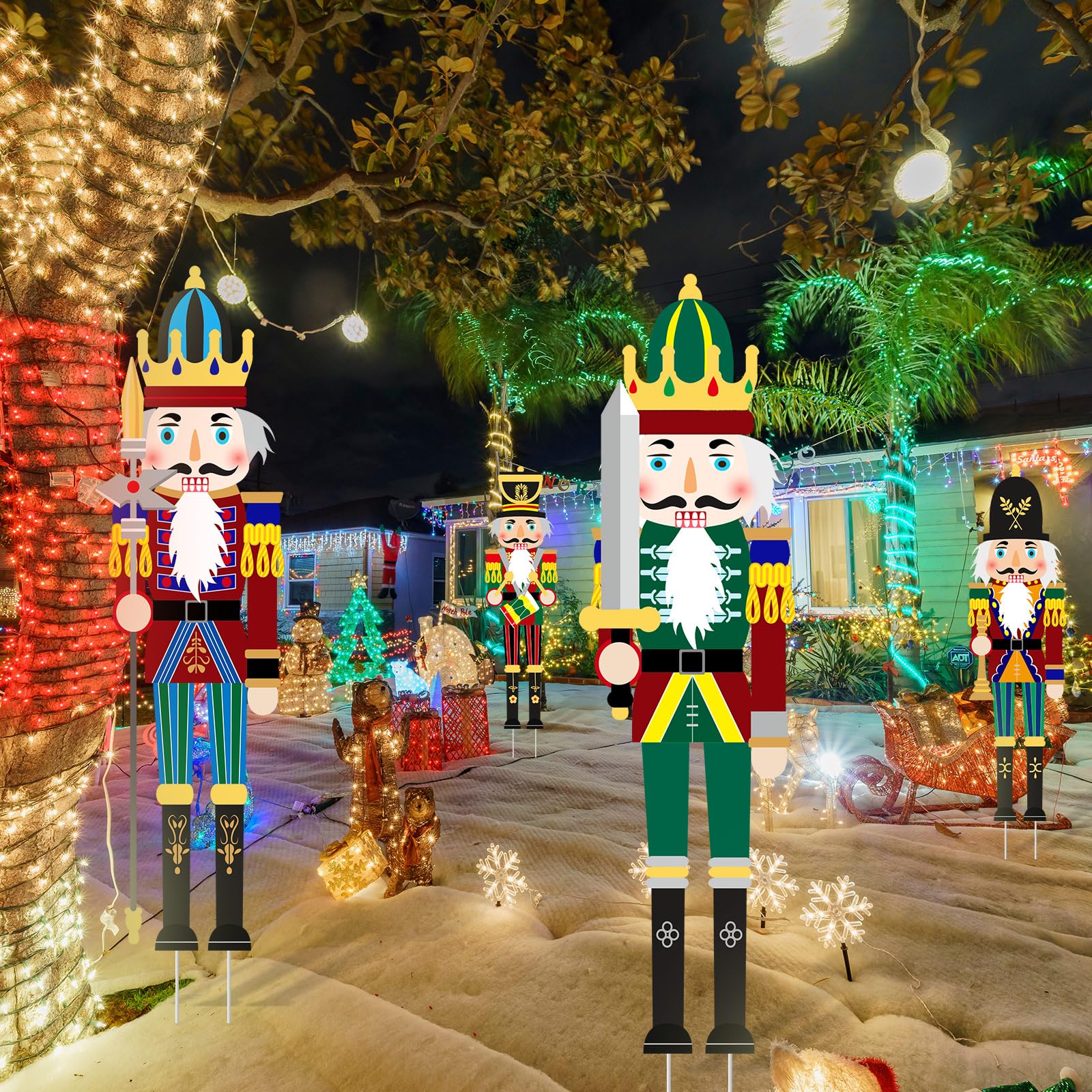 Soaoo Lot de 4 Panneaux de Noël Casse-Noisette avec Grands piquets pour décoration de Cour de Noël, décoration de Noël pour extérieur, pelouse, Porche