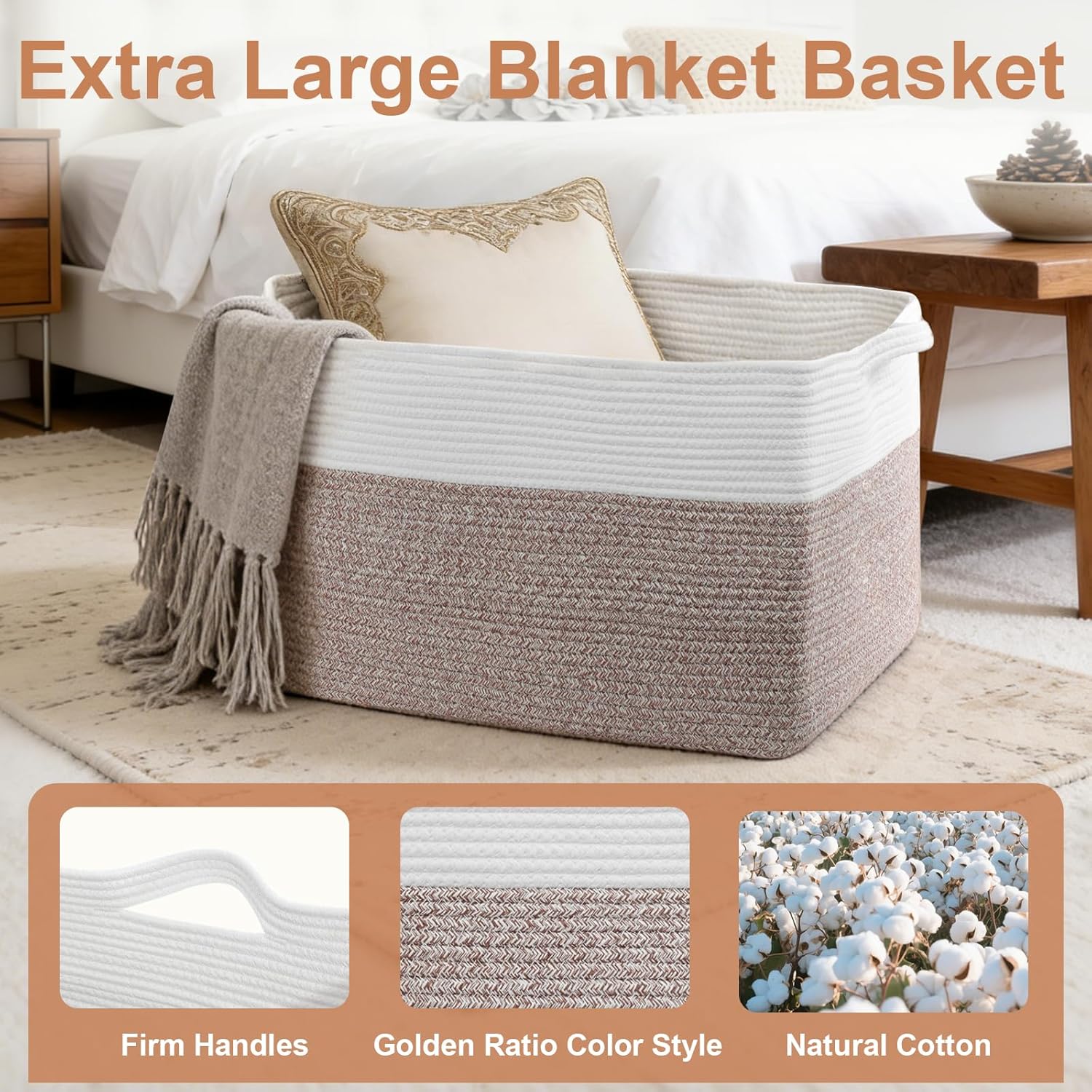 75L Extra Large Blanket Basket for Living Room - Cotton Rope Laundry Hamper Woven Baskets XXL Storage Bin with Handles for Dirty Clothes, Kids, Pets, Toys, Bedroom, 22" x 17" x 12", White & Brown