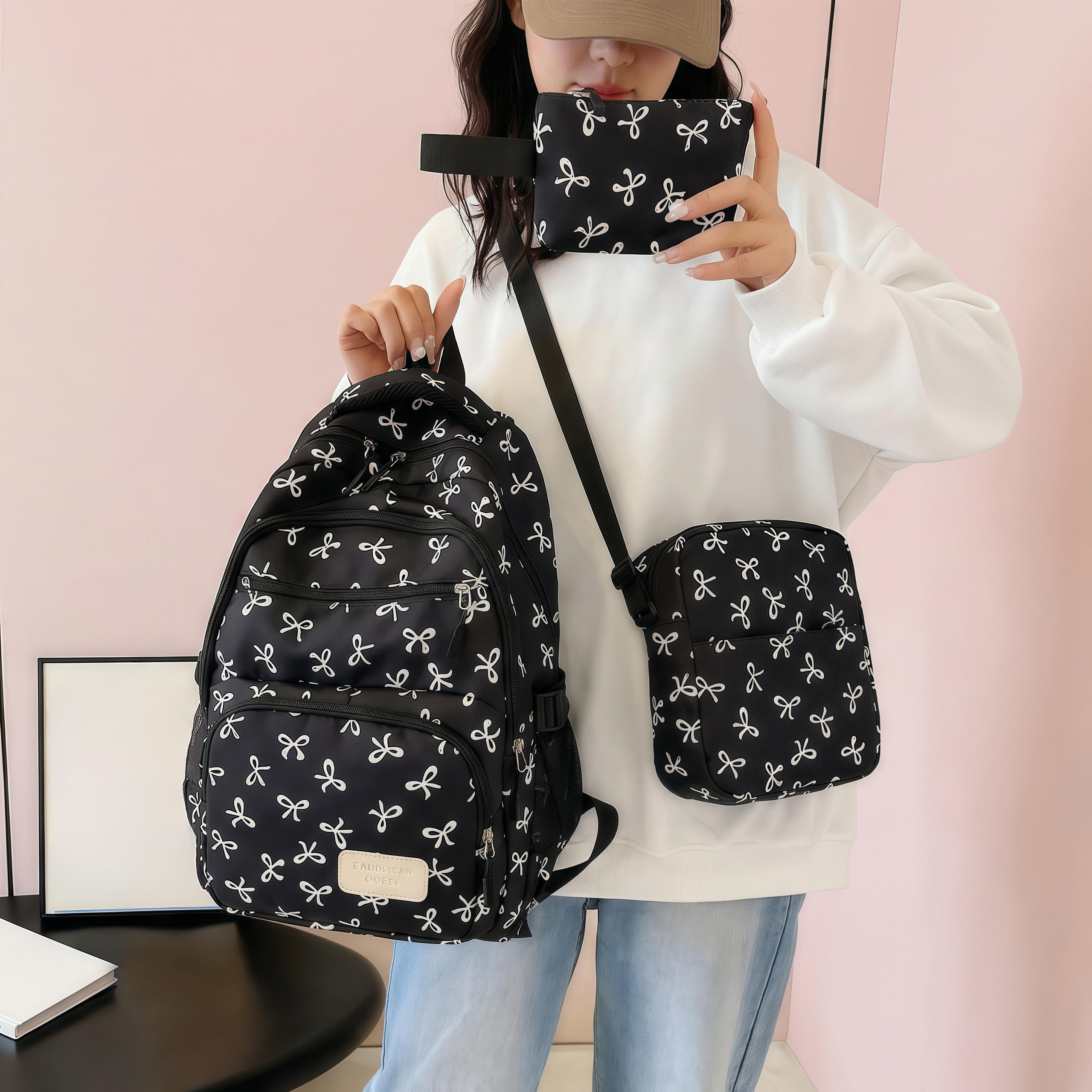 3-Piece Artistic Bow Backpack Set - Large Capacity Casual Travel Bag with Lunch Box and Case - Korean Style Daypack for Commute and Gifting（Black）