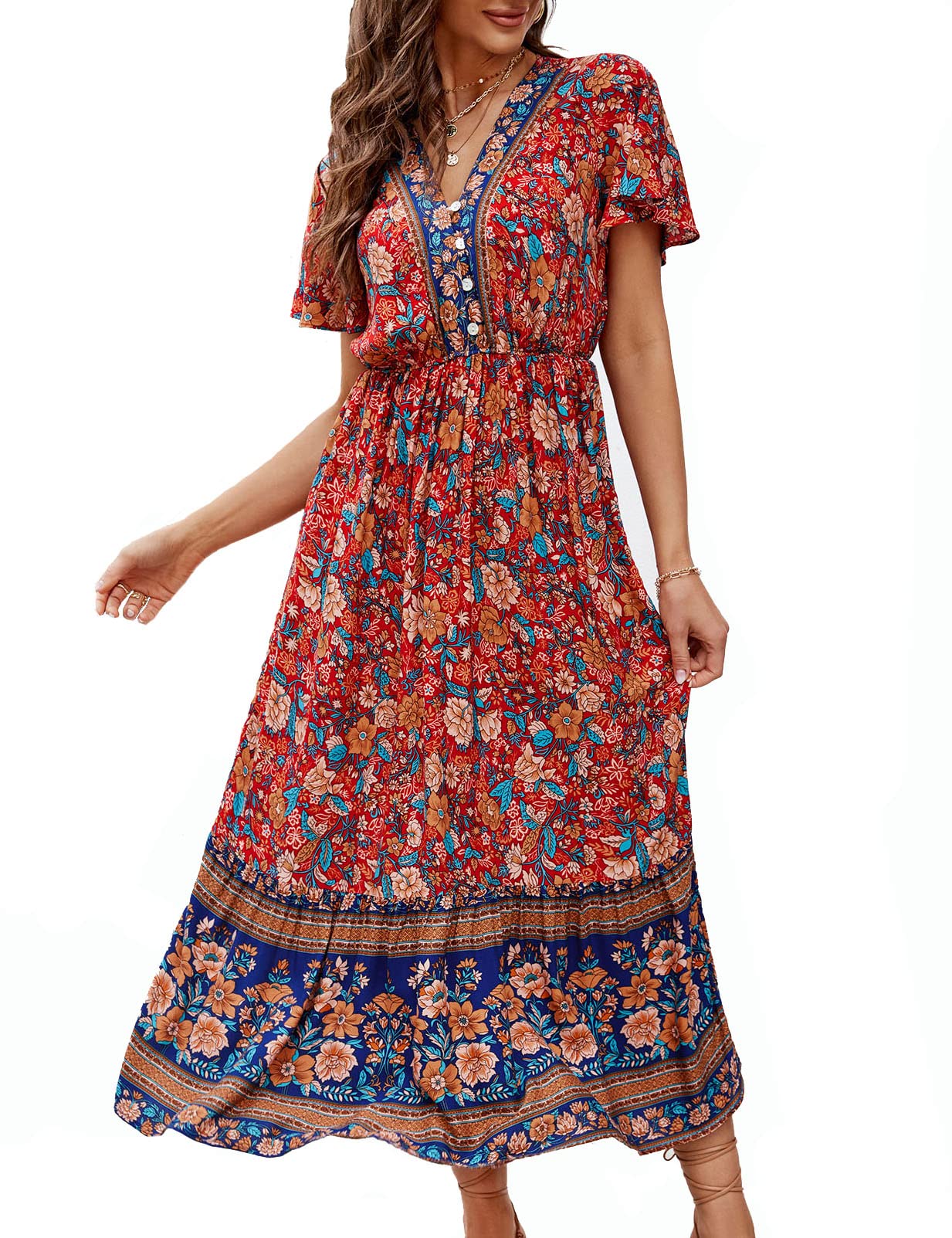 Clearlove Vestido de verano para mujer, estilo bohemio, manga corta, cuello en V, vestido de playa, vestido largo de flores, volantes, vestido informal con botones (embalaje MULTIVÍA)