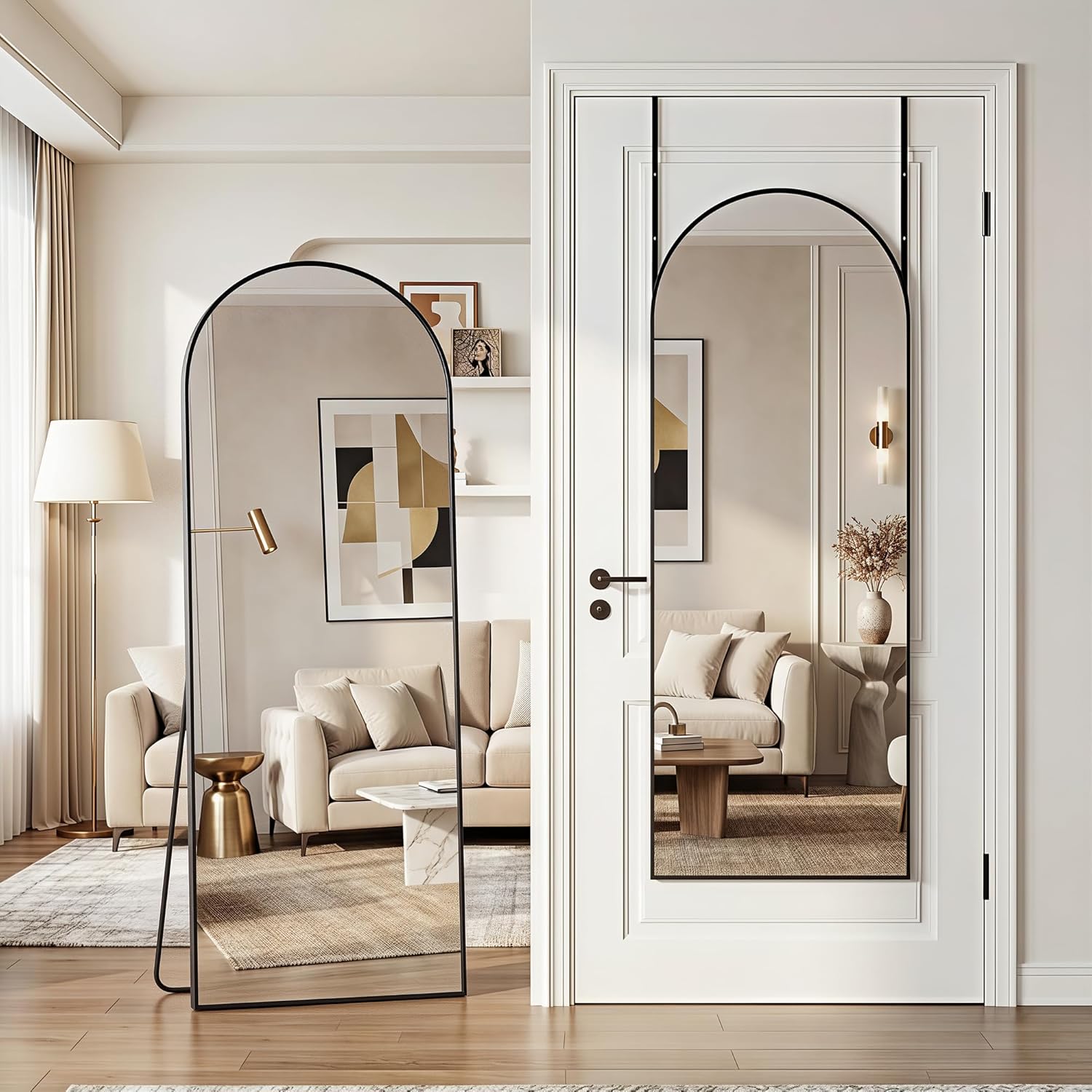 58"x20" Over The Door Mirror, Arched Full Length Mirror with Aluminum Frame, Adjustable Hooks, Wall Mounted or Standing for Bedroom Living Room, Black