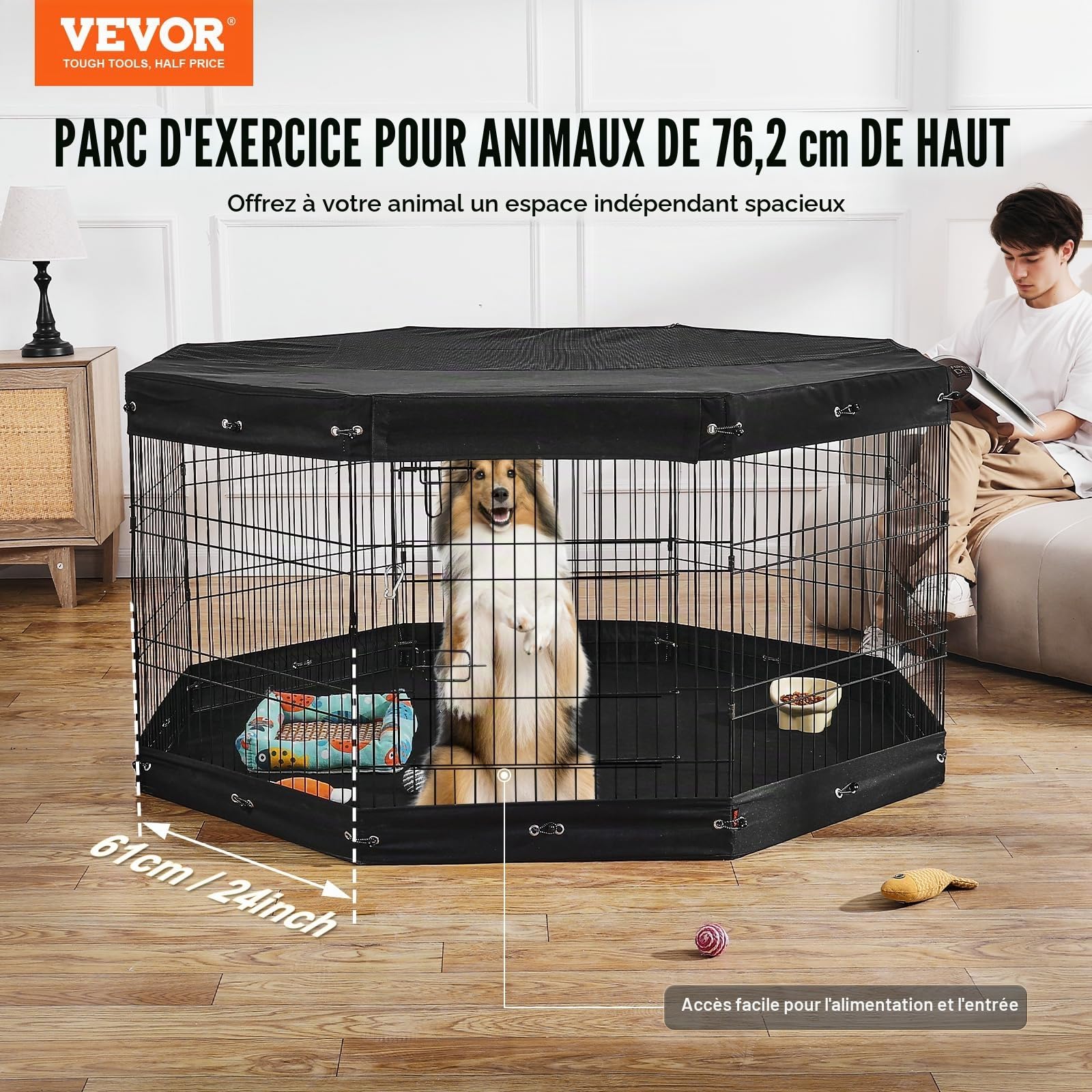 VEVOR Parc pour Chien 160x160x76 cm Enclos Chat Chiot Pliable 8 Panneaux, Clôture d'exercice en Métal avec Porte, Tapis, Housse de Protection, pour Petits Animaux de Compagnie, Intérieur, Extérieur