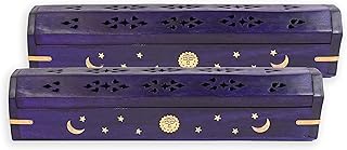 2 Pack - Incense Stick Holder - Coffin Style - Wood Incense Stick Burner with Sun Moon Star Inlays Handmade with Brass Inl...