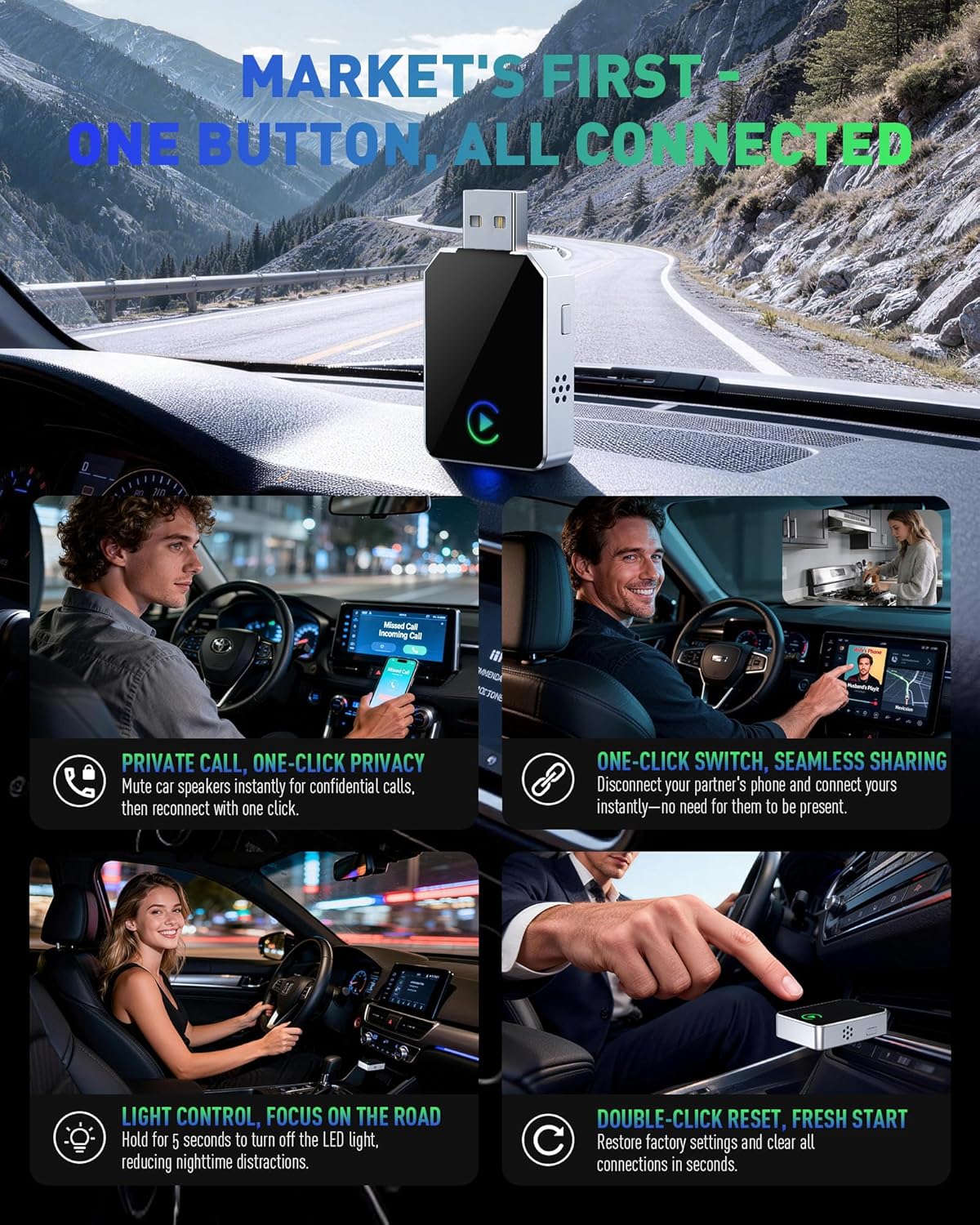 SPIRITIME Wireless CarPlay Adapter for iPhone – 5-Second Auto Connect | 1-Click Phone Swap for Families | Convert Wired to Wireless | Stable & Fast, Plug & Play | Supports Factory CarPlay Cars 2016+