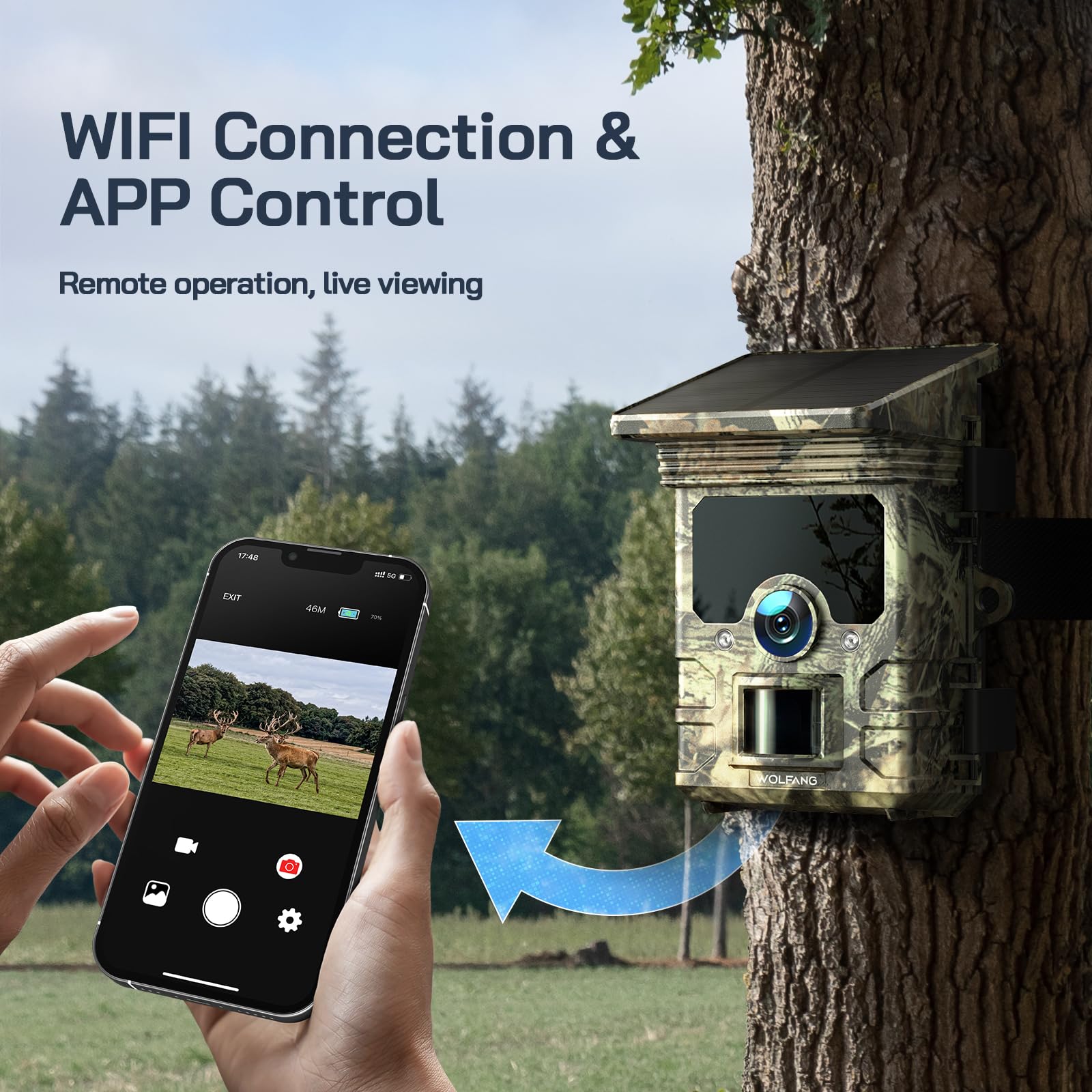 WOLFANG Wildkamera, 4K Solar Video Wildtierkamera, 68MP Full HD WLAN mit Handyübertragung APP, Bewegungssensor, Nachtsicht, IP66, 0.1s Auslösezeit für Wildlife Monitoring mit SD Karte
