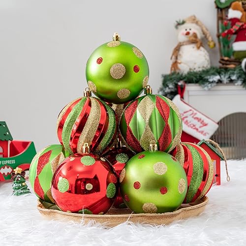 Miniatura 3 de Adornos de bola de Navidad grandes de 4 pulgadas, 12 piezas inastillables de color rojo, verde y dorado, adornos de Navidad clásicos de lunares para