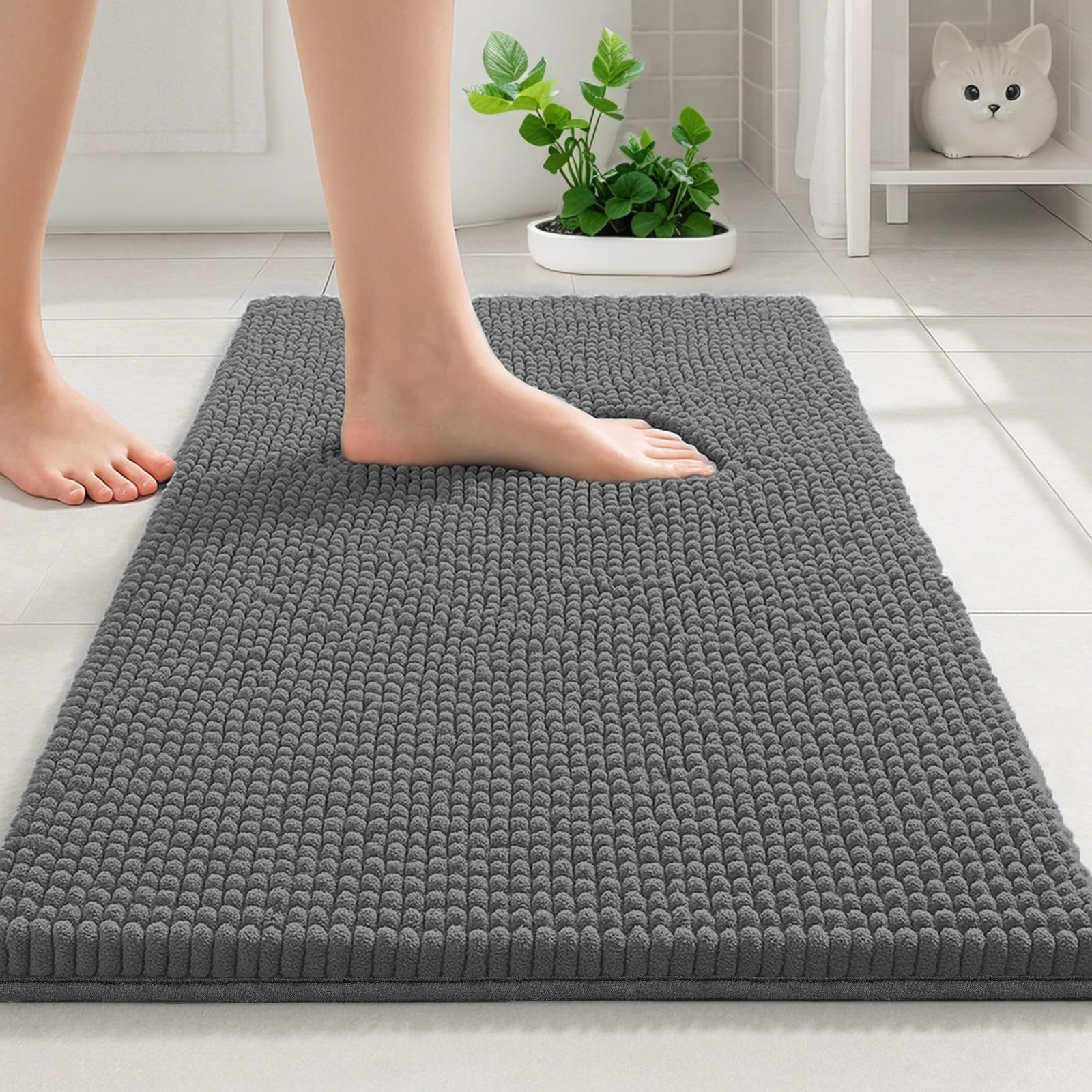 COMPOLICY Dark Grey Bath Mat, Super Absorbent Bathroom Mat, Machine Washable Non, Slip Anti Mould, Shower Mats with 40 x 60CM, 1'' Chenille Microfiber Material for Bath Kitchen Living Room Door Mats