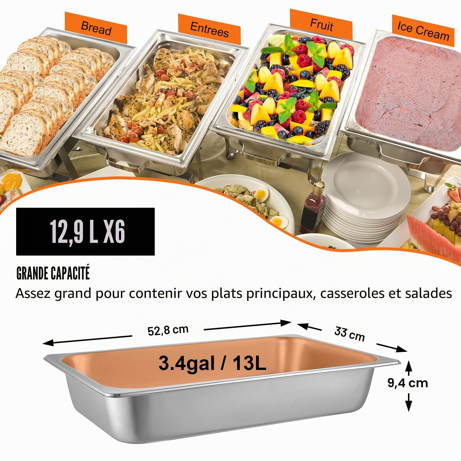 VEVOR Bac Inox Alimentaire Lot de 6 Plats à Four en Acier Inoxydable 13L Épaisseur 0,8mm Bac Poli Rectangulaire Effet Miroir Aliments Chauds et Froids pour Cuisine de Restaurant Gril Gâteaux Tartes