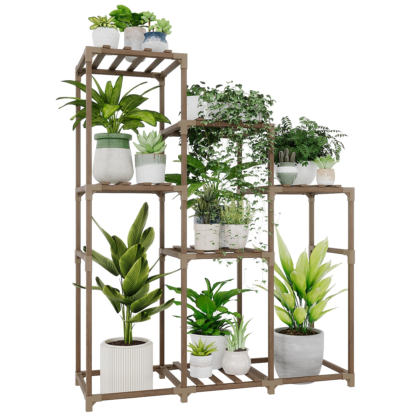 Bamworld Tall Plant Stand Indoor Wood Shelf Outdoor Tiered Rack for Multiple Flowers 5-Tier 7-Pot Ladder Holder for Plant Pots Gardening Decor