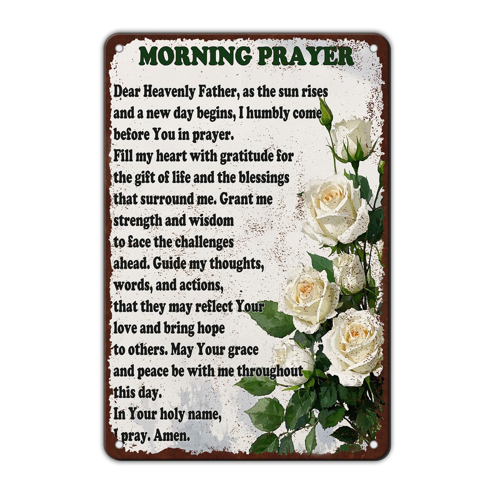 peiyeety Metal Tin Sign Morning Prayer Wall Decor Religious Rose Print Distressed Rustic Plaque For Home Living Room Bedroom Church Office Patio She Shed, 12×16 INCH