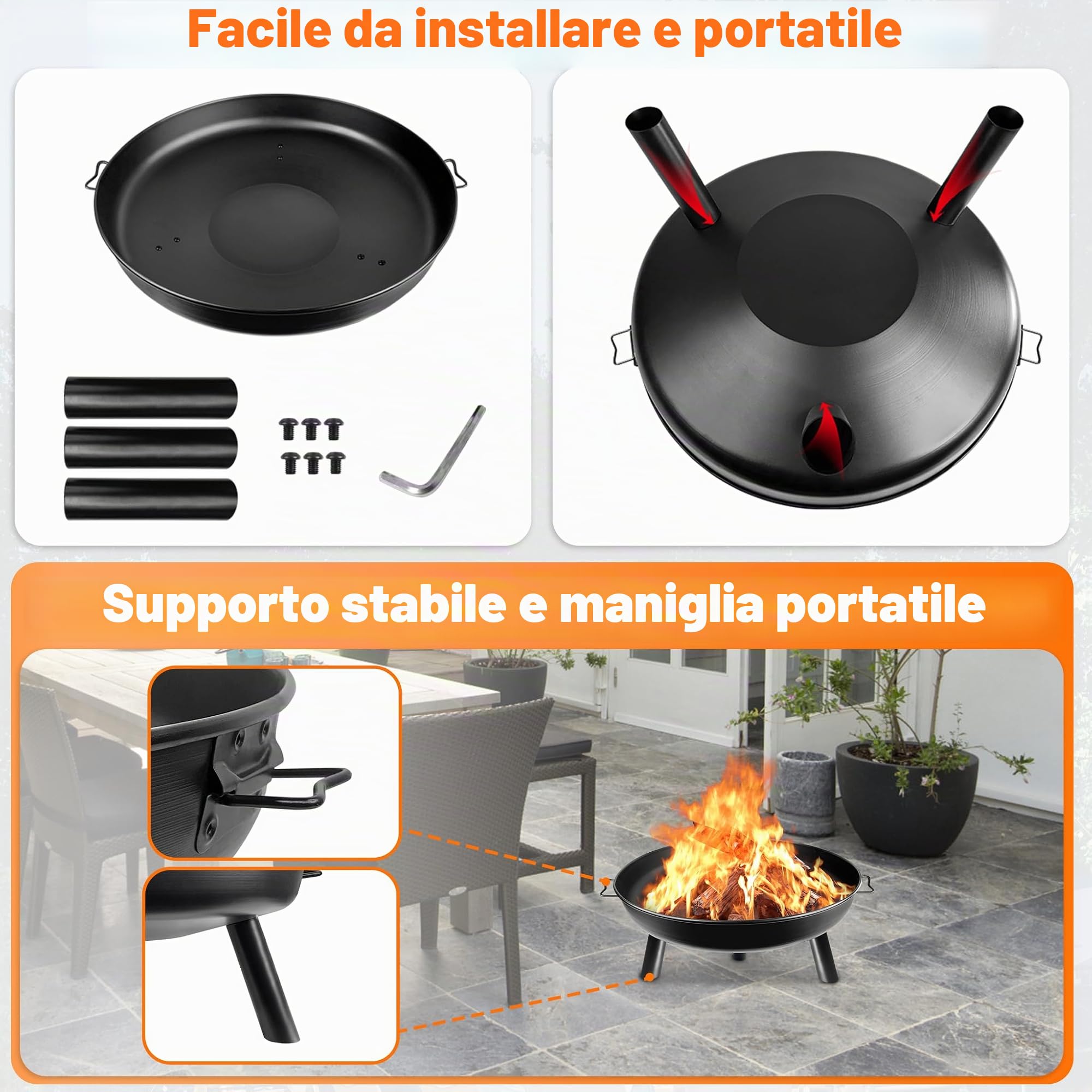 Froadp Ø80cm Braciere per Esterno con Vasca Rotonda per Caminetto Patio Terrace Giardino Barbecue (Tipo F)