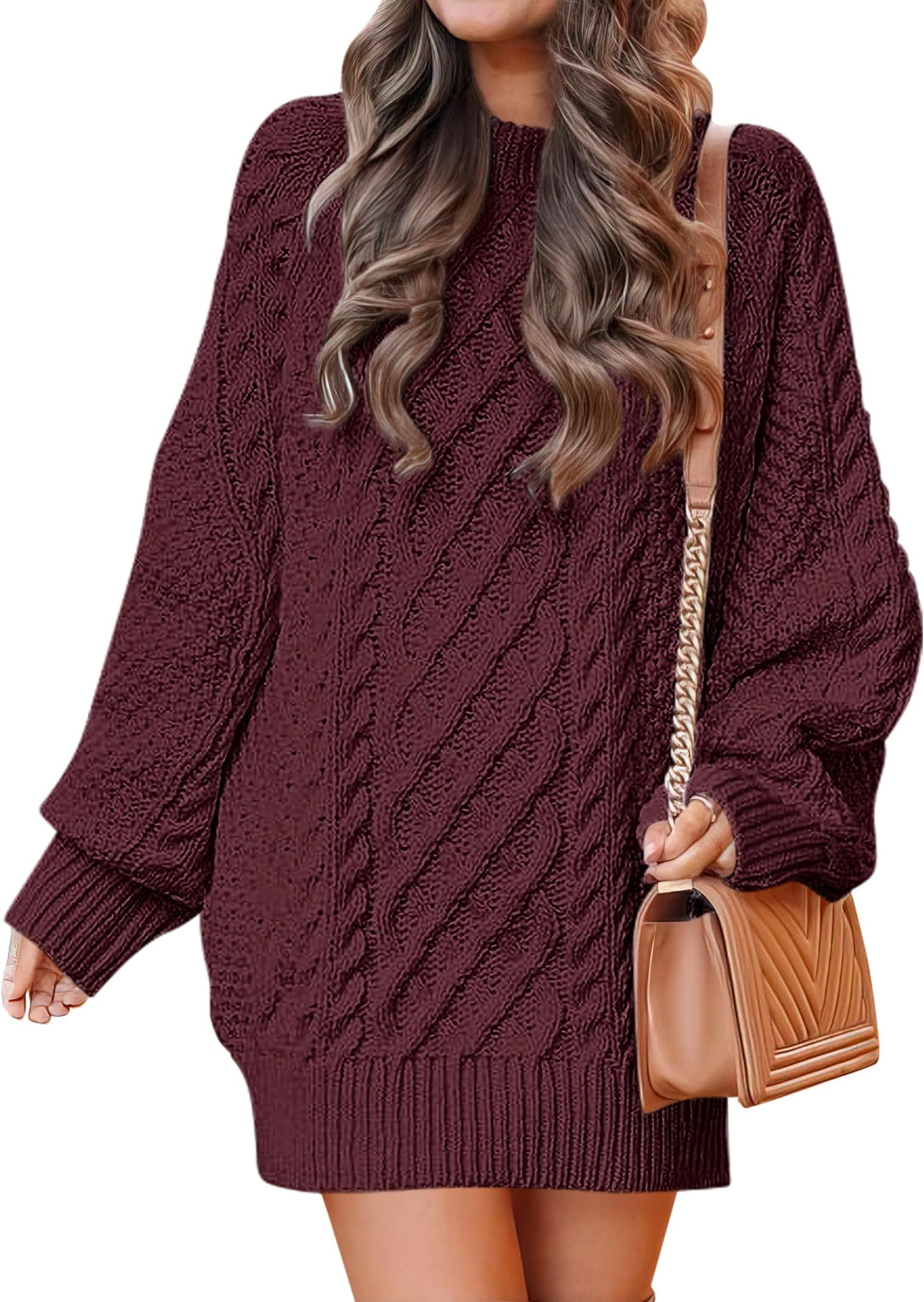ELFIN Strickkleid Damen Oversized Puffärmel Pulloverkleid Winterkleid Langarm Strickpullover Grobstrick Langer Pullover Mini Kleider