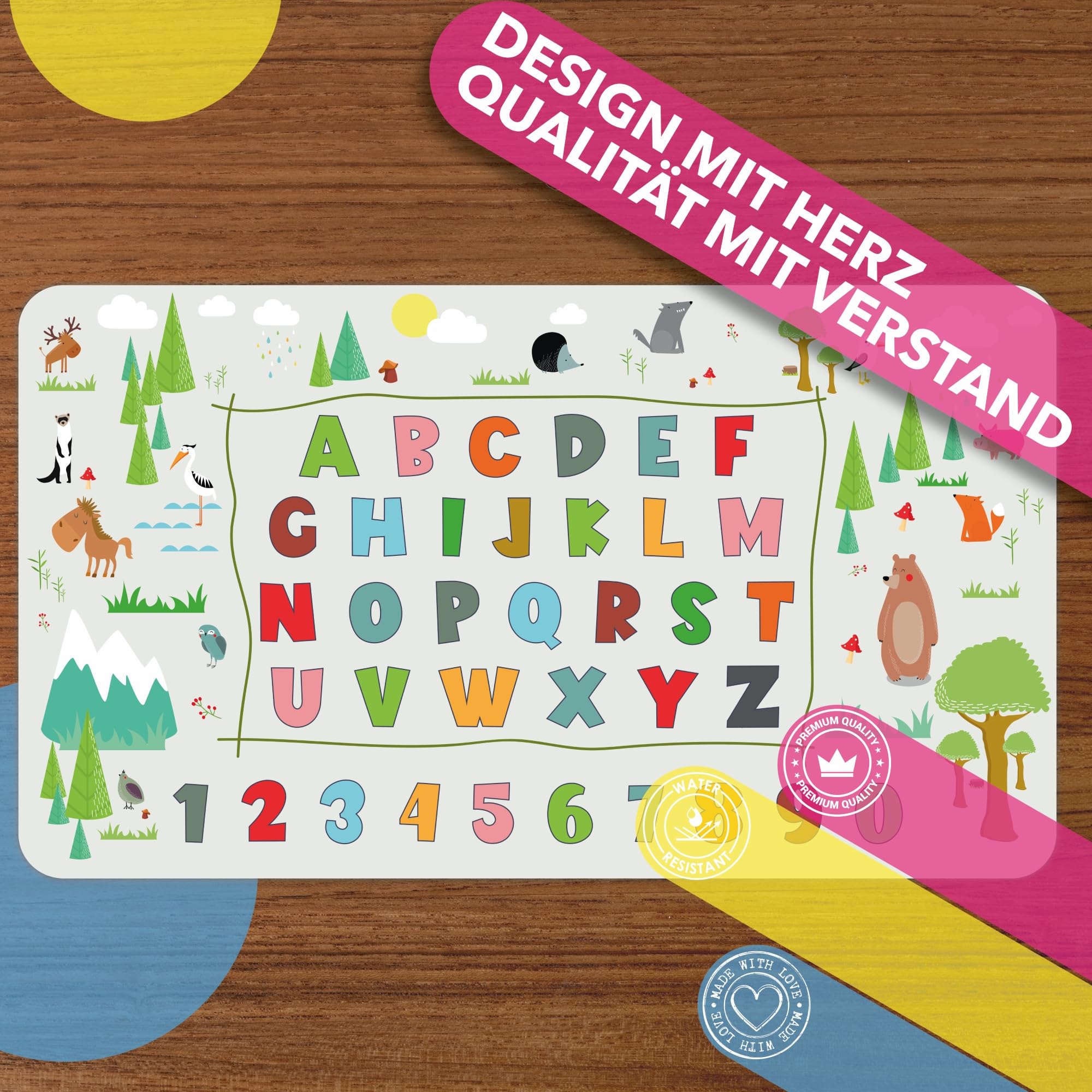 Lineo® Alfombrilla de escritorio para niños – Protector de mesa resistente al agua y antideslizante, superficie educativa para escribir, dibujar y estudiar (Abecedario de animales 70x40 cm)