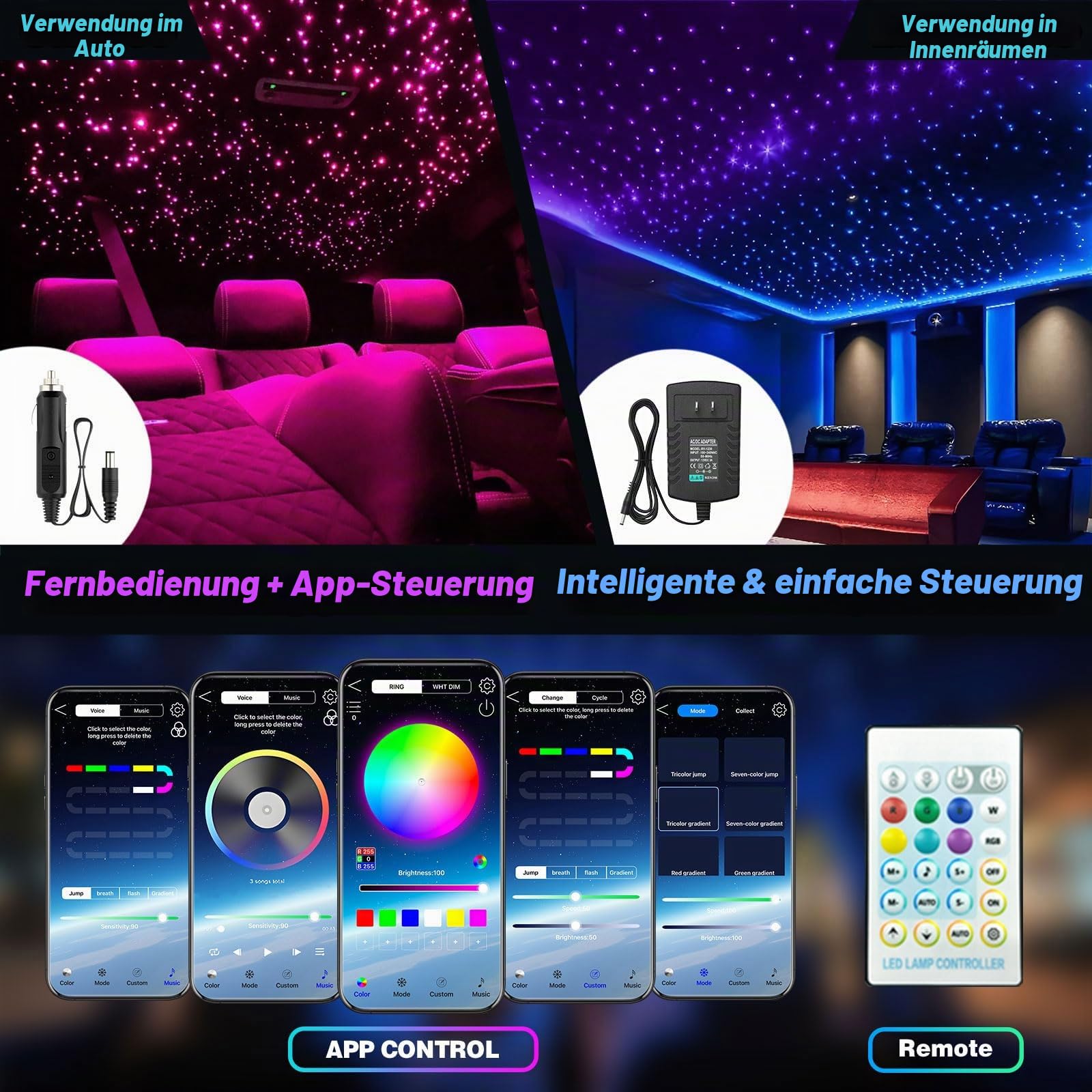 VASTFIRE Starlight Headliner Kit – 500 Stück 0,03 Zoll 9,8 Fuß Glasfaser-Sternenlichter für Autos mit 16 W RGBW, Twinkle & Music Sync, APP/Fernbedienung für Autodach/Schlafzimmerdecke
