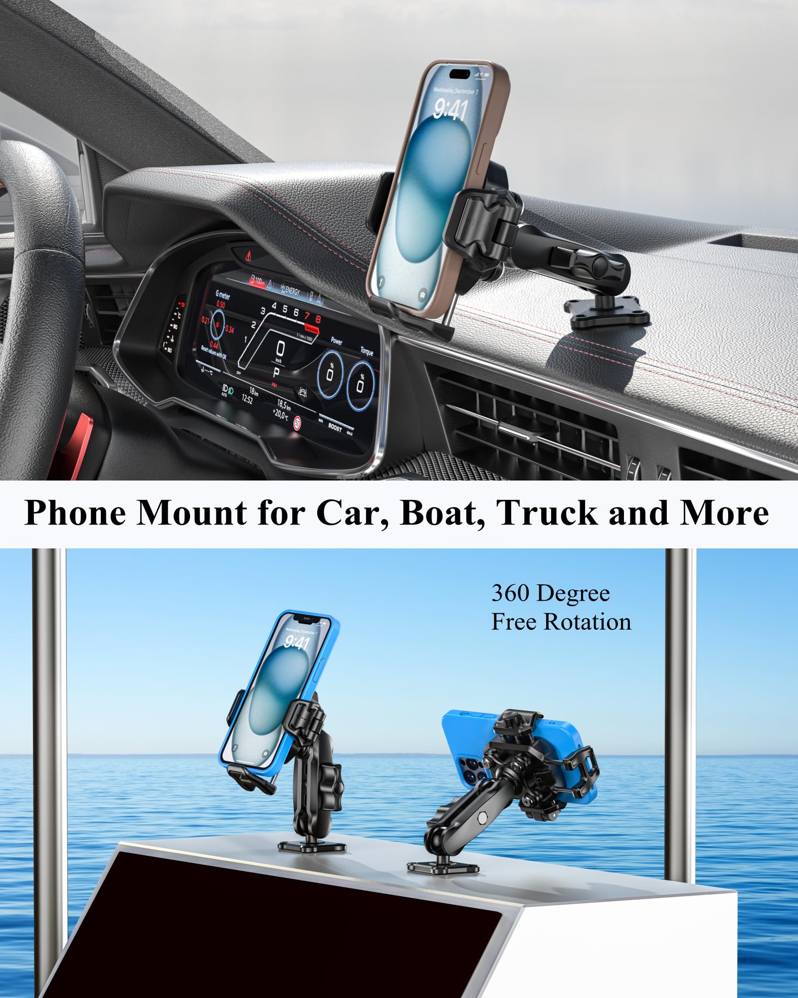 BRCOVAN Supporto antifurto per telefono con smorzatore di vibrazioni [blocco e rilascio 1s] [compatibile con fotocamera] con braccio medio in alluminio e base quadrata, per auto, barca, camion, moto