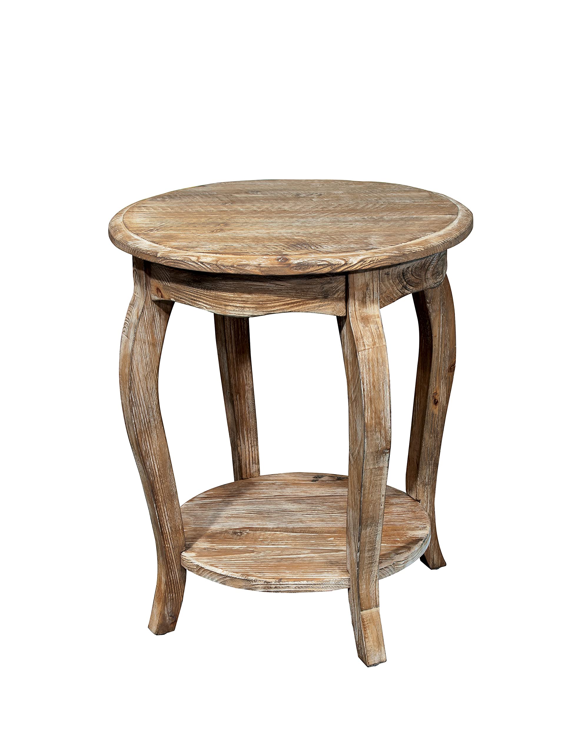 Austerity 20 Inch Rustic Round End Table with Curved Legs, Scalloped Edges, and Lower Shelf in Driftwood Finish, Natural and White Textured Antique Look - Ideal for Accent Décor by Alaterre Furniture
