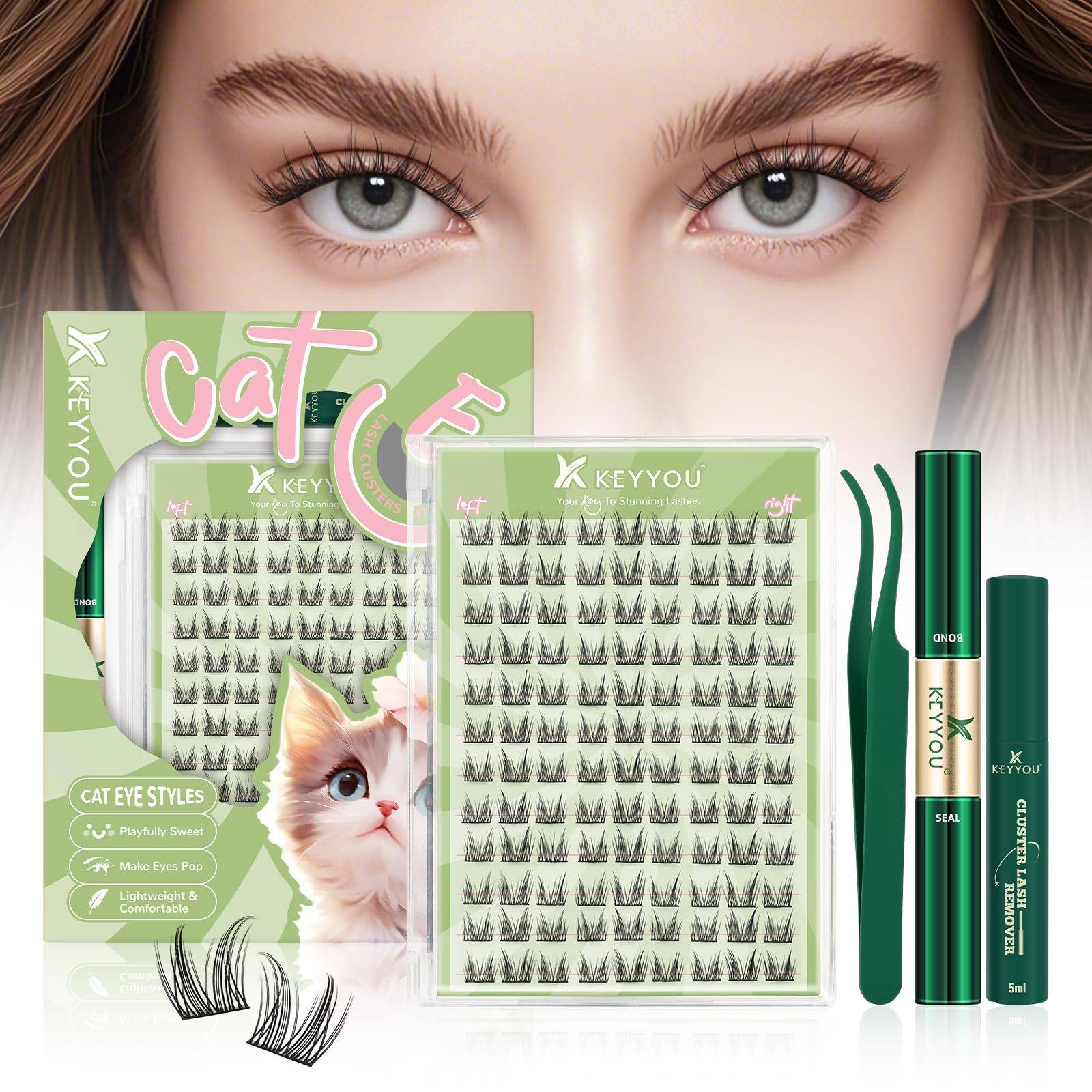 KEYYOU Lash Clusters Kit Anime Cat Eye Lashes 108pcs Wispy Natural Cat style Lash Extension Kit with Bond