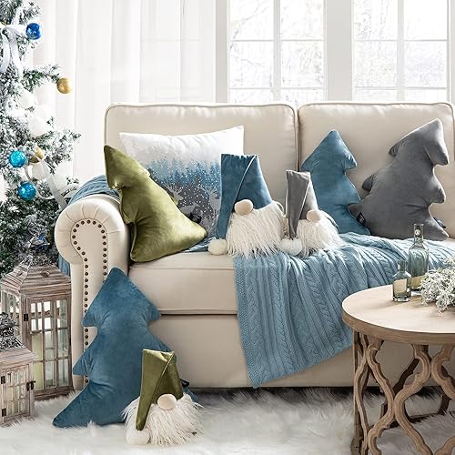Miniatura 3 de Phantoscope Paquete de 2 cojines decorativos con forma de árbol de Navidad y gnomo, cojín suave en forma 3D, gris, 18 x 20 y 6.5 x 11 pulgadas