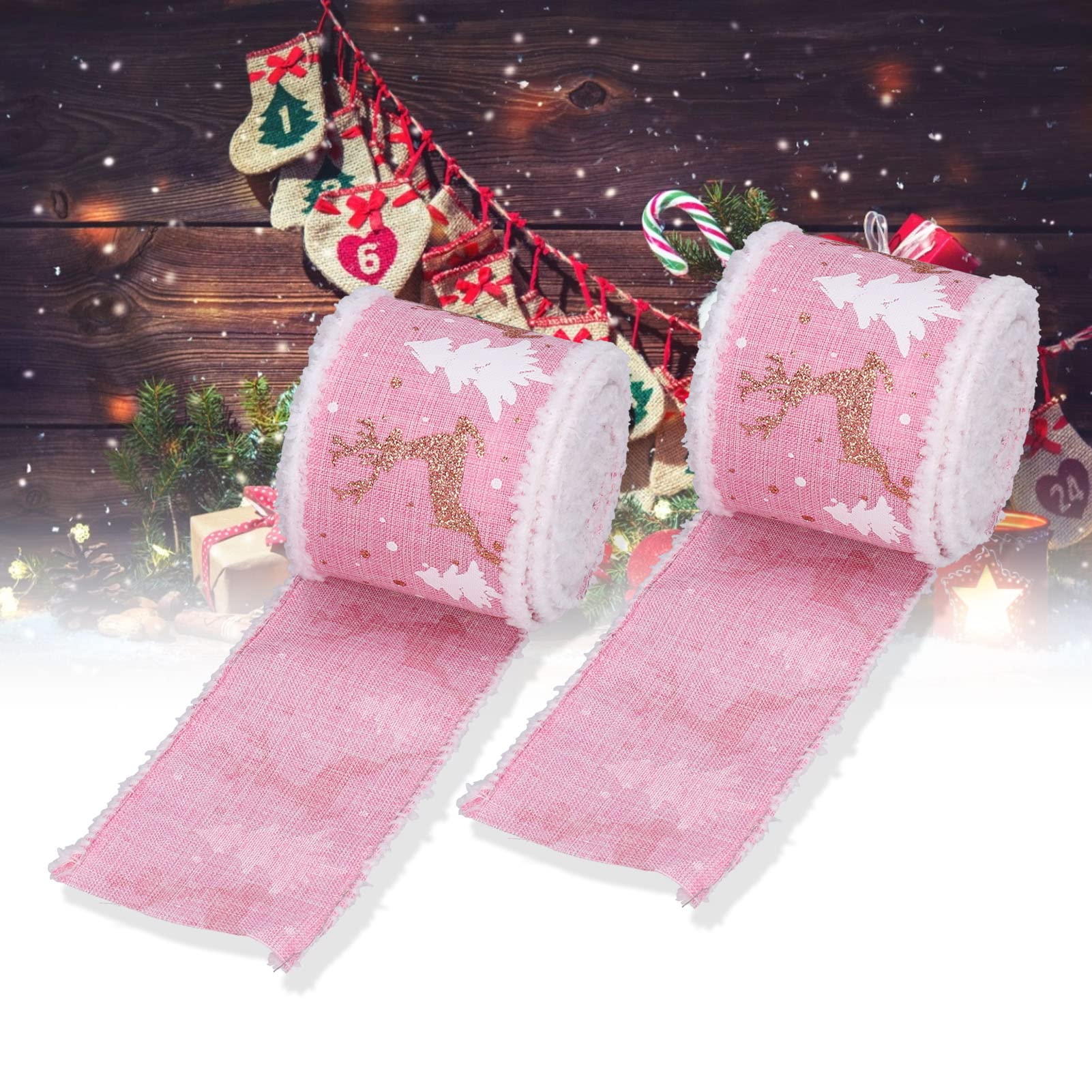 Nastro di Natale, 5 rotoli da 5 cm/6 cm di lino con bordo metallico per confezioni regalo nastro per decorazione natalizia artigianato 2 m per rotolo