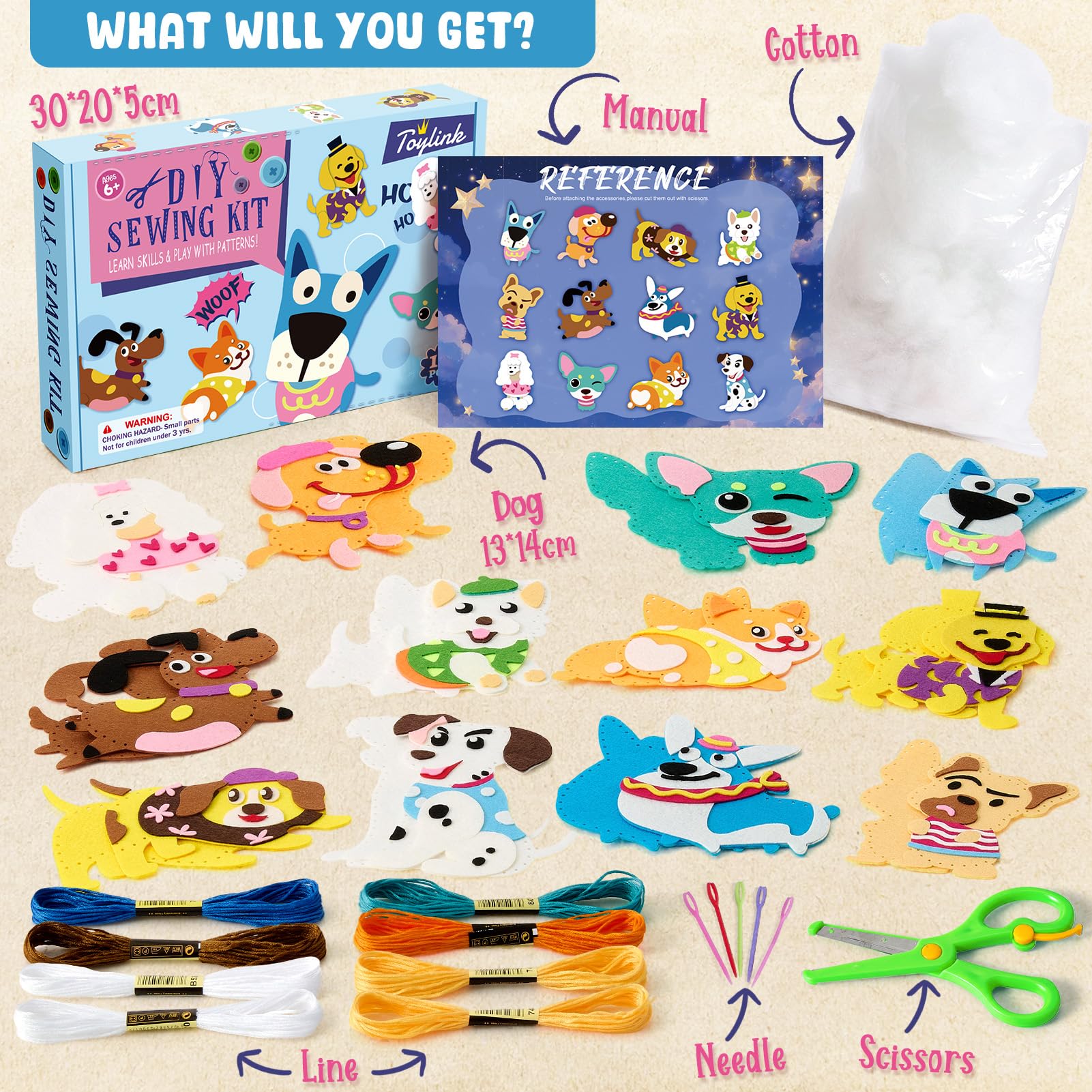 Toylink Kit Cucito in Fieltro per Bambini, Kit Lavoretti Creativi per Bambini con 12 Feltro & Fili da Ricamo & Aghi di Plastica, Fai Da Te Regalo Bambina Bambino 6 7 8 9 Anni