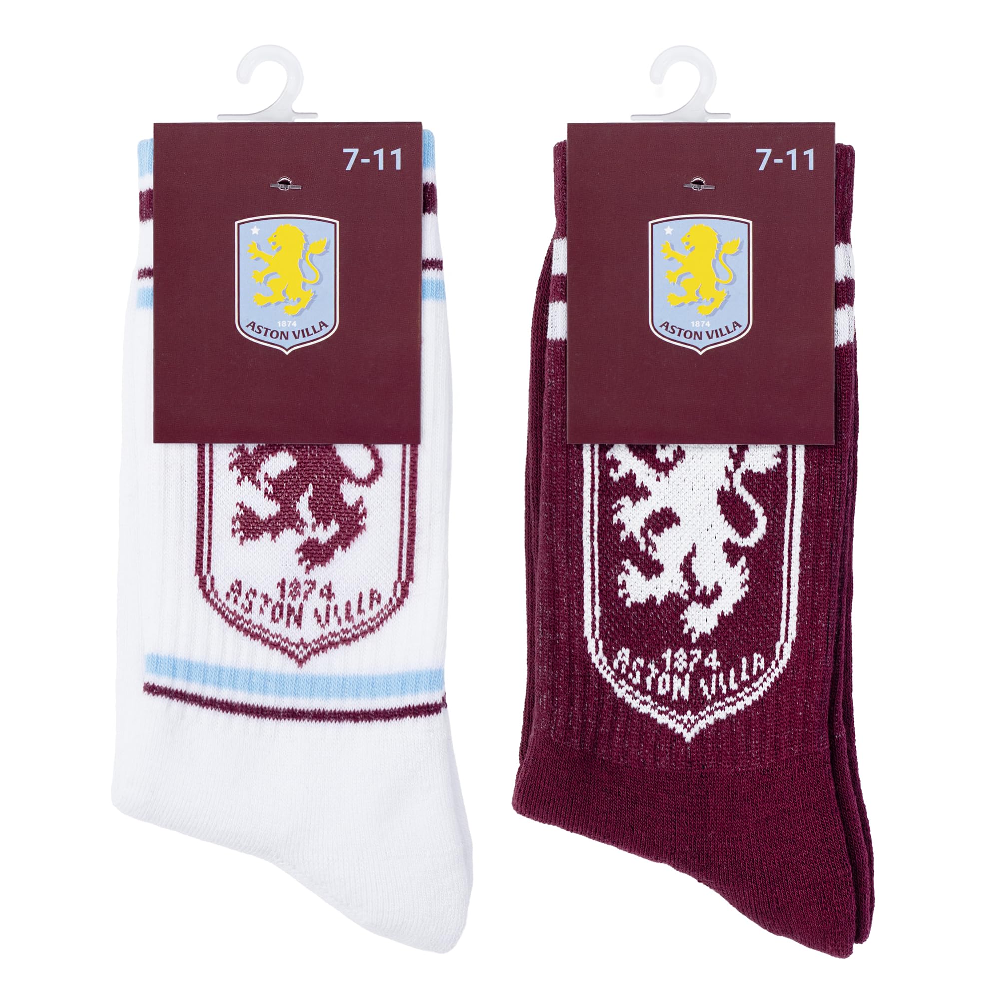 The Gift Scholars Officially Licensed Twin Pack Aston Villa Crest White Sports Socks for Men & Women | Adult Size Sport Villans Fan Merchandise 7-11 (1 White + 1 Claret)