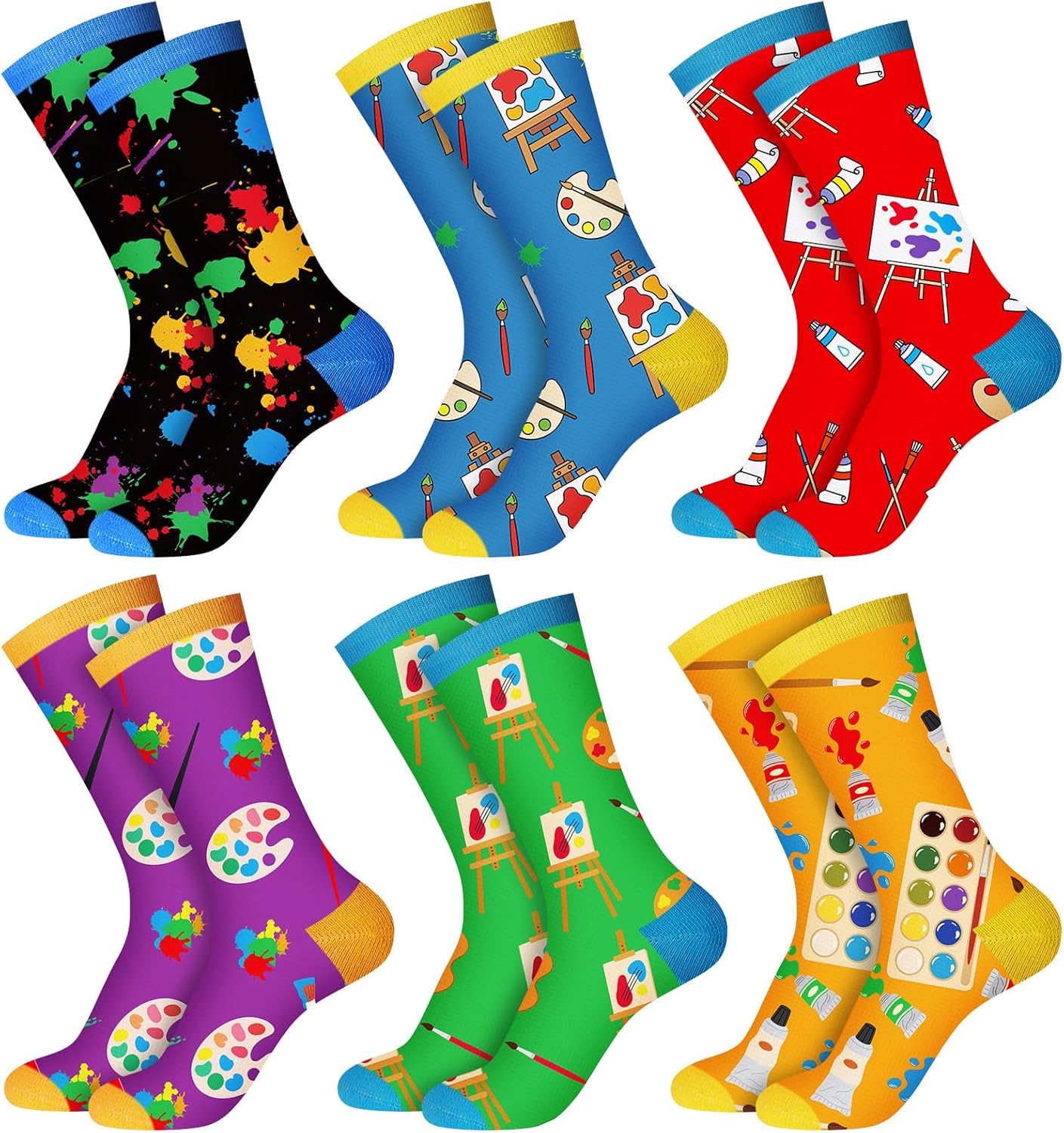 Suhine 6 Pairs Artist Socks for Women Men Funny Painter Socks with Palette Drawing Board Paintbrush Designs Art Gifts for Art Lovers Drawers Teachers Friends Families Birthday