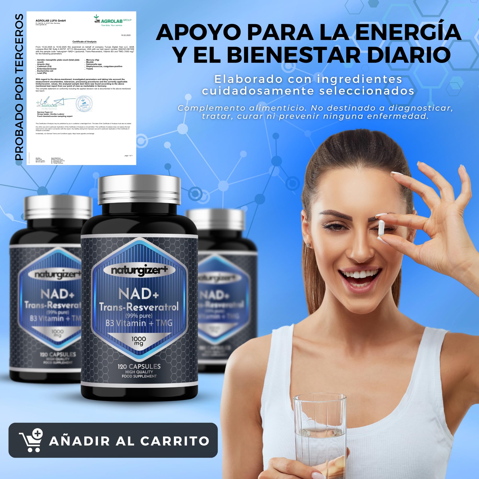 NAD (NAD+ Real) con Trans-Resveratrol 99'4% puro, Niacinamida y Betaína (TMG) | Advanced Complex 4+1 de Alta Pureza con Tecnología Liposomal | 120 Cápsulas | Naturgizer+