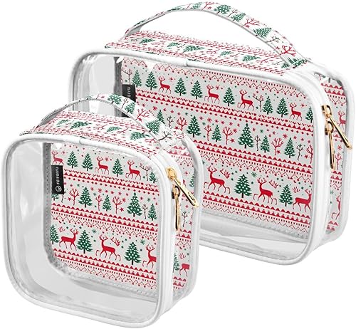 Christmas Deers Pine Trees Clear Toiletry Bag for Traveling,2 Pack Makeup Cosmetic Bag with Zipper,Travel Bag for Toiletries,Travel Essentials