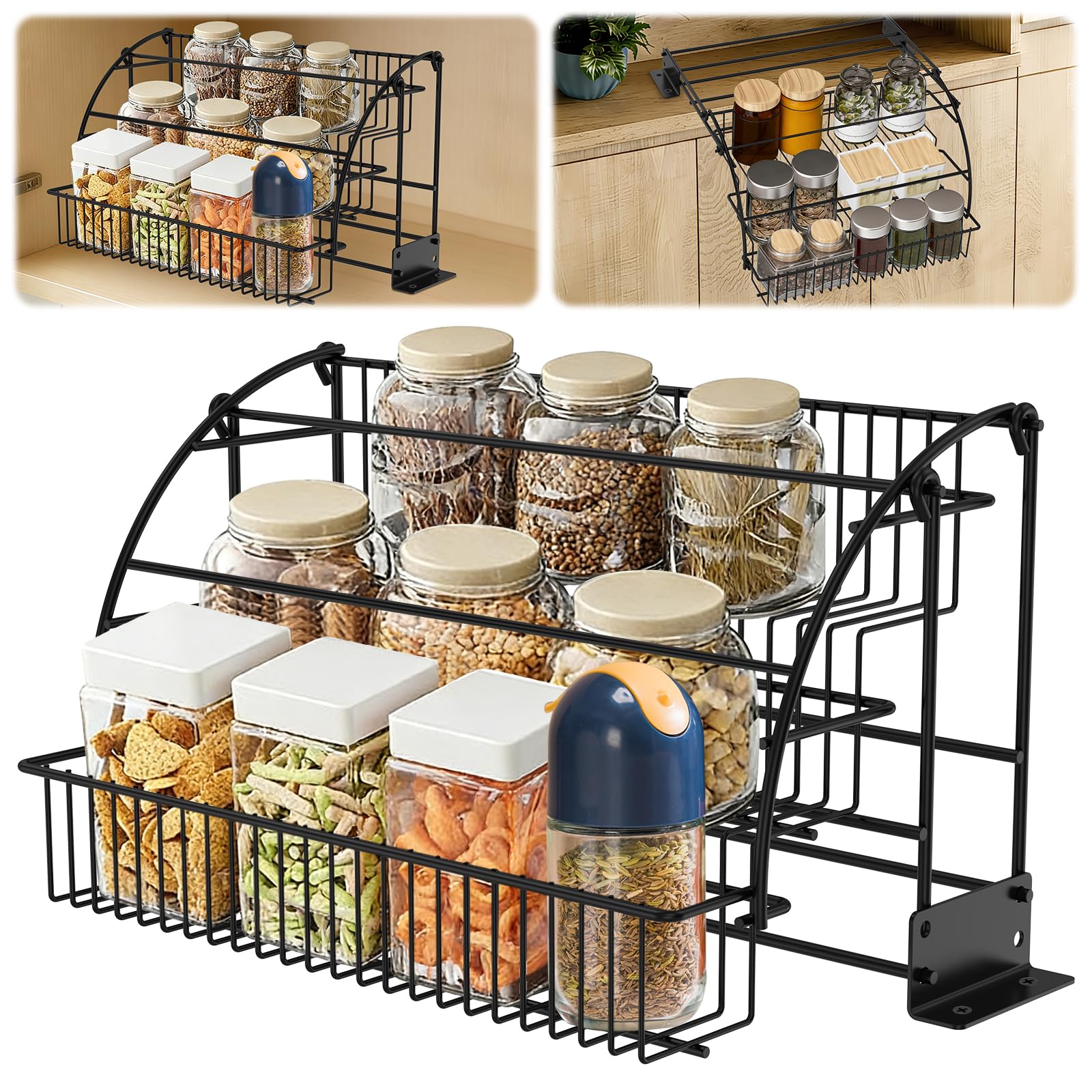 Ghshanog 3 Tier Pull Down Spice Rack,Cabinet Pull Down Shelf Organizer,Carbon Steel Kitchen Storage Shelf,Step Seasoning Organiser,37x20cm Spice Jars Rack for Kitchen Countertop, Pantry, Bathroom