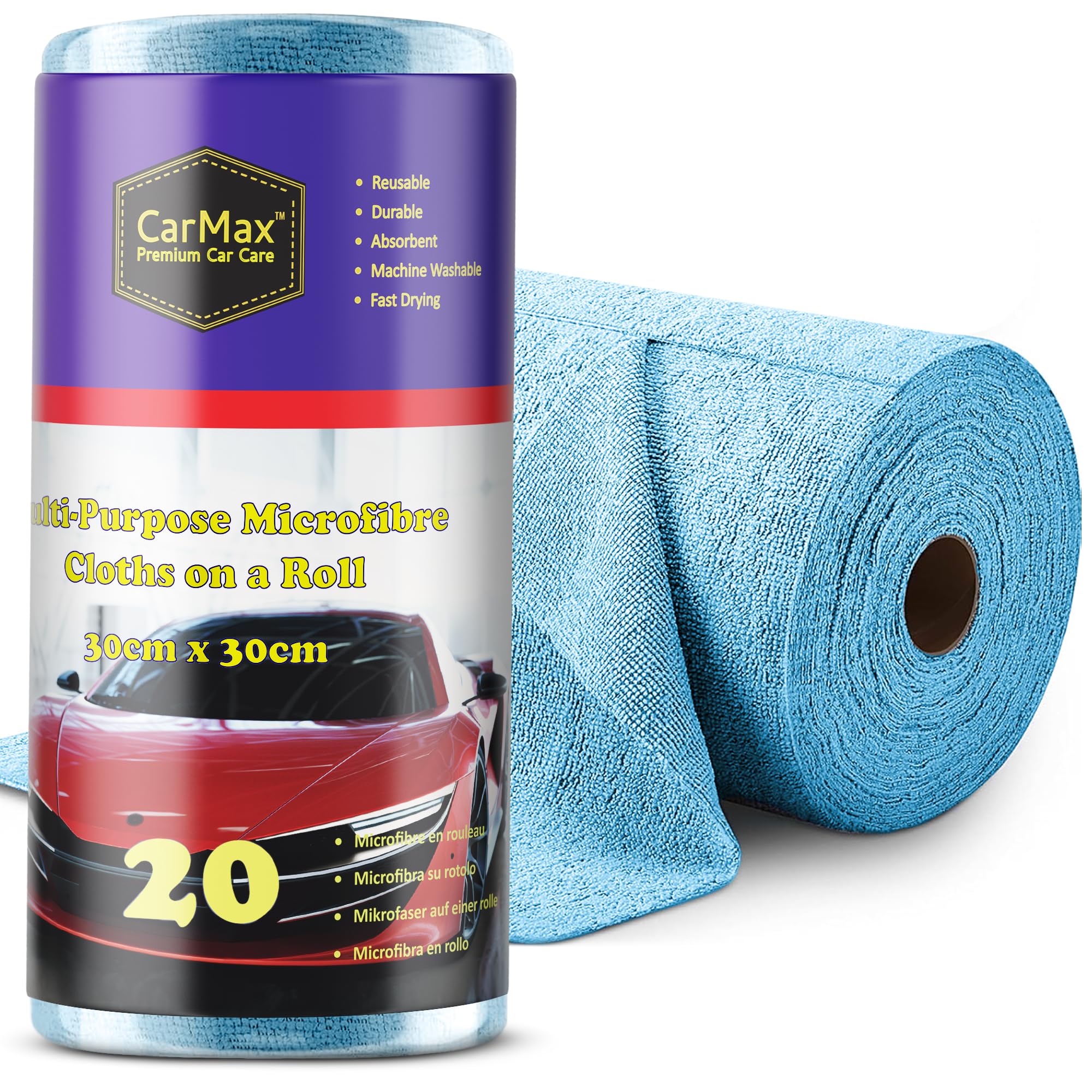 Carmax Premium Car Care Blue Carmax® - 20 Multi-Purpose Car Cleaning & Detailing Microfibres On A Roll- Reusable Microfibre Towels 30Cm X 30Cm On Tear-Off Roll