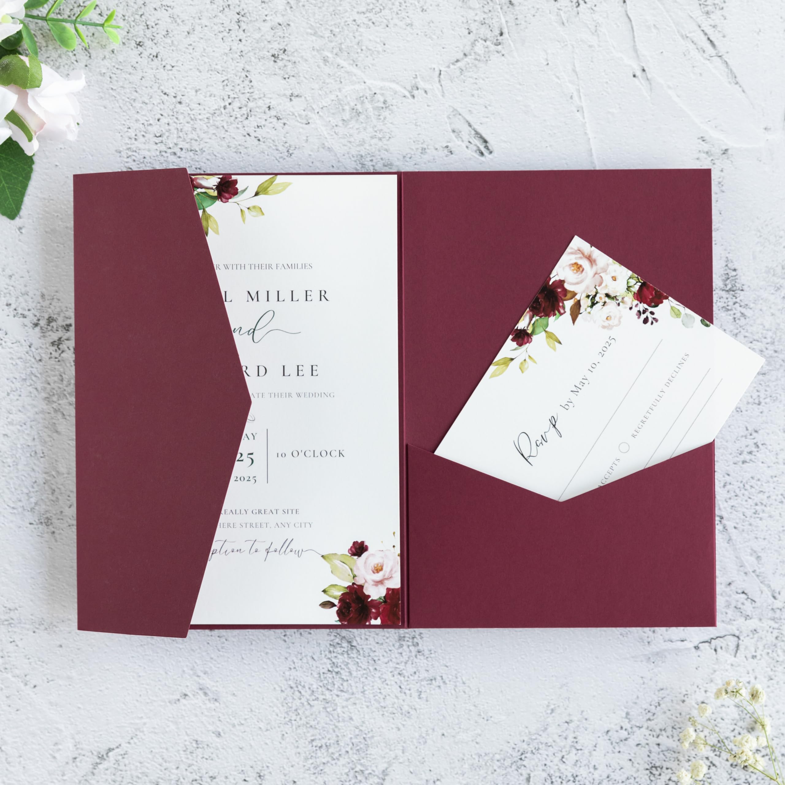 20 biglietti di invito per matrimonio, 13 x 18 cm, tagliati al laser, per matrimoni, addio al nubilato, feste di fidanzamento, compleanni (bordeaux)
