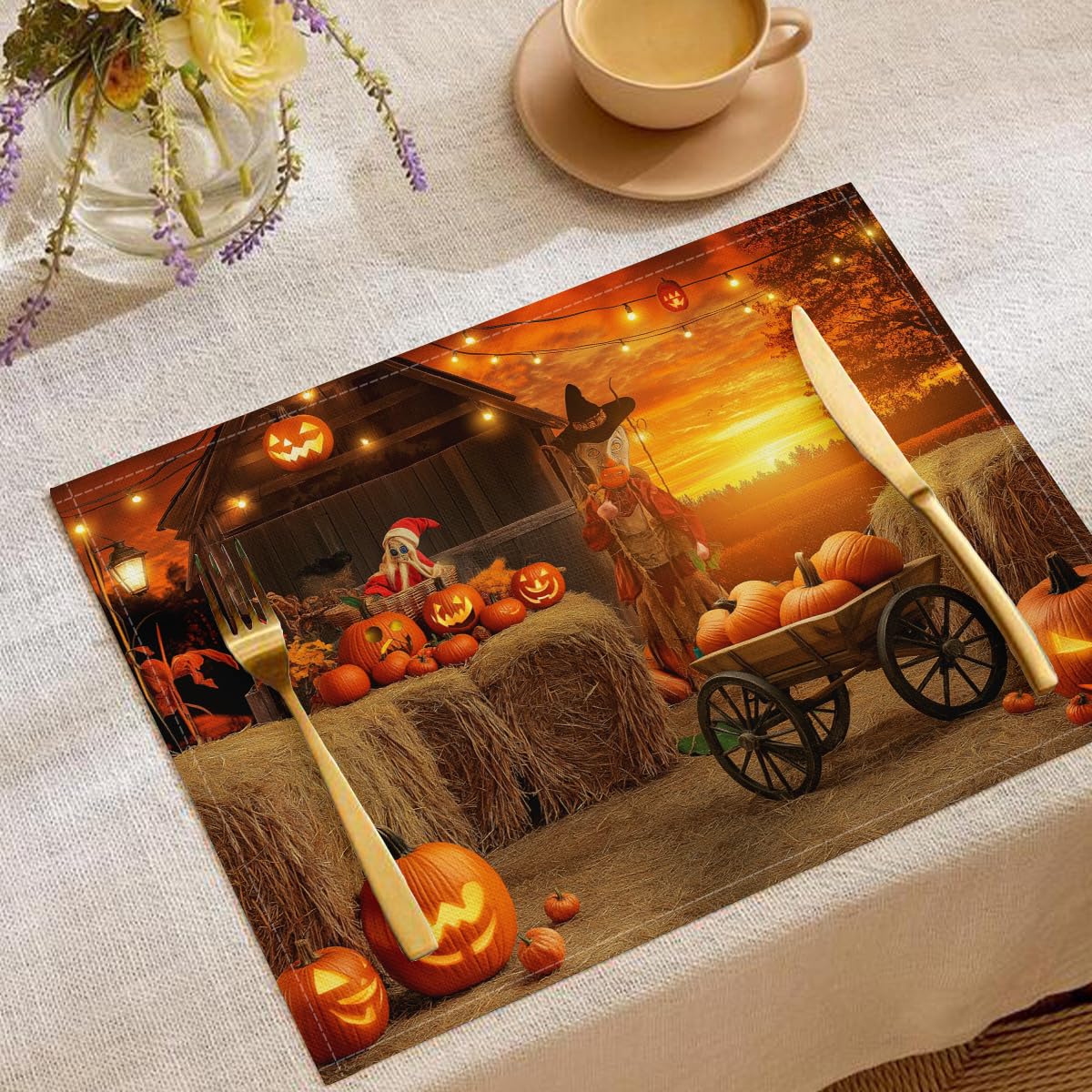 Set de table lin de coton lavable lot de 8 de 45x30 cm motif citrouilles orange d'Halloween
