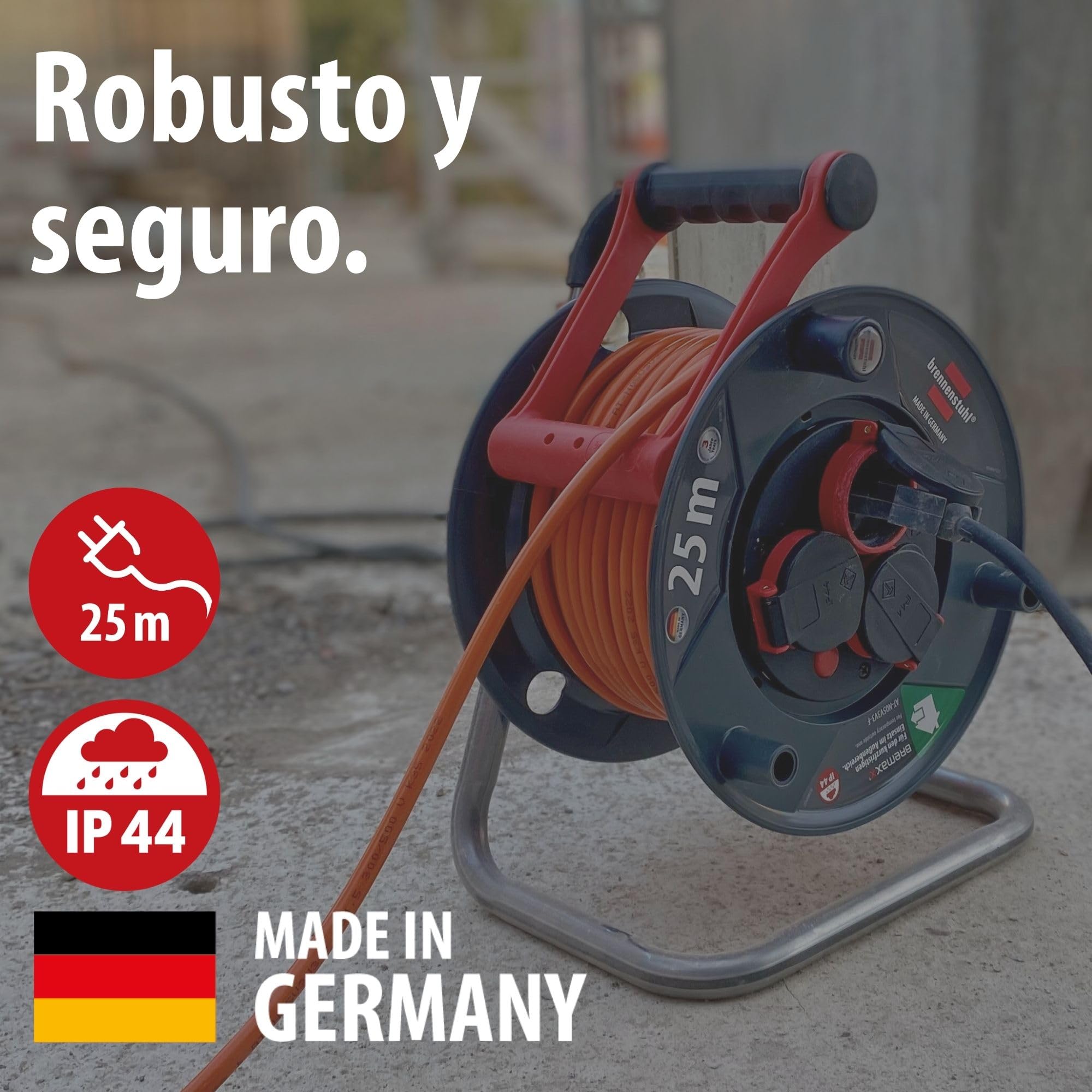 Brennenstuhl Garant V2 Enrouleur de câble, IP44, 25 m, pour l'extérieur, certifié TÜV-Süd (fabriqué en Allemagne, câble de couleur orange, utilisation à court terme en extérieur)