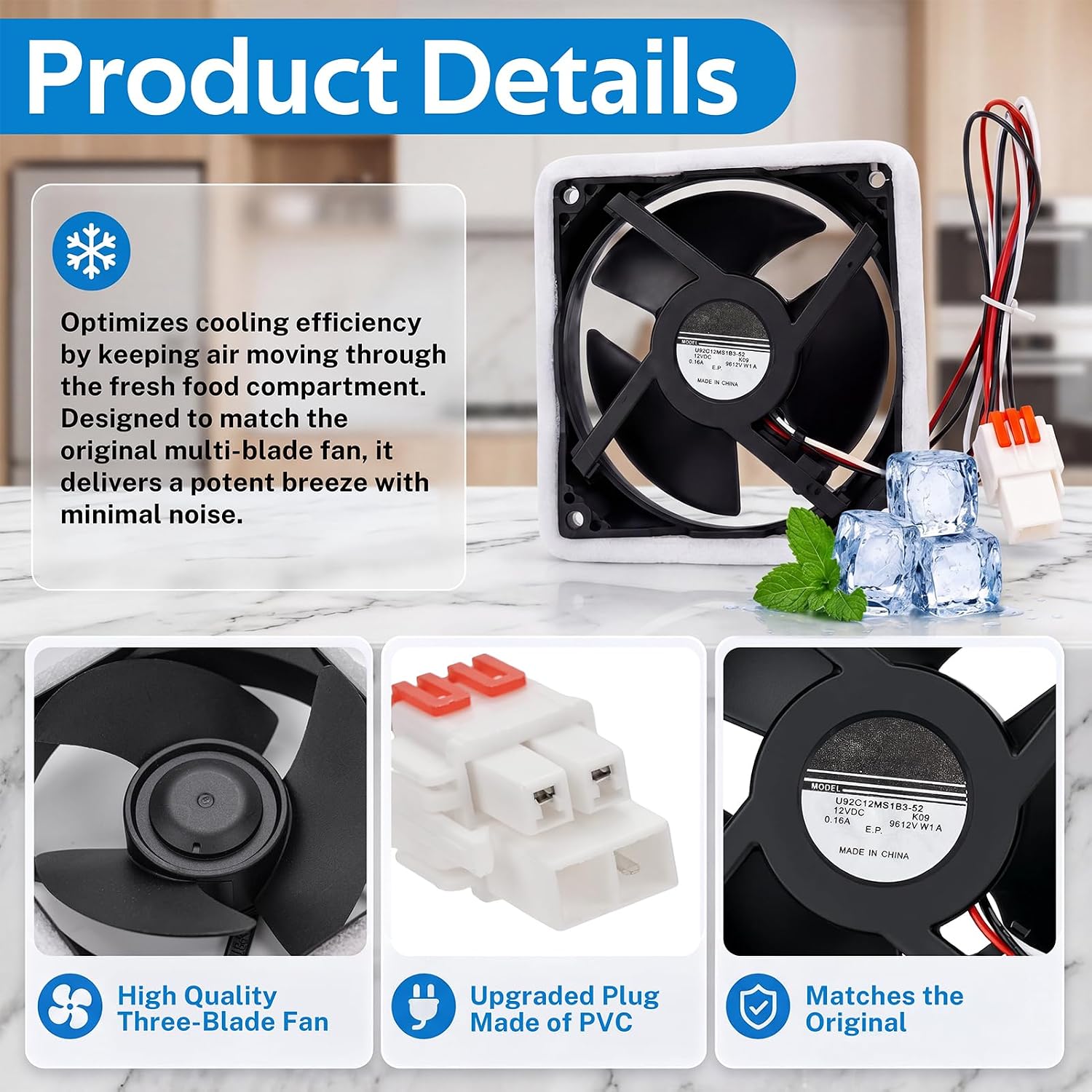 DA81-06013A Refrigerator Evaporator Fan Motor Replacement, Replaces DA31-00287A U92C12MS1B3-52 AP5914786 PS9603956, Compatible with Samsung RF28HMEDBSR RF28HFEDTSR RF26HFENDSL RF25HMEDBSR