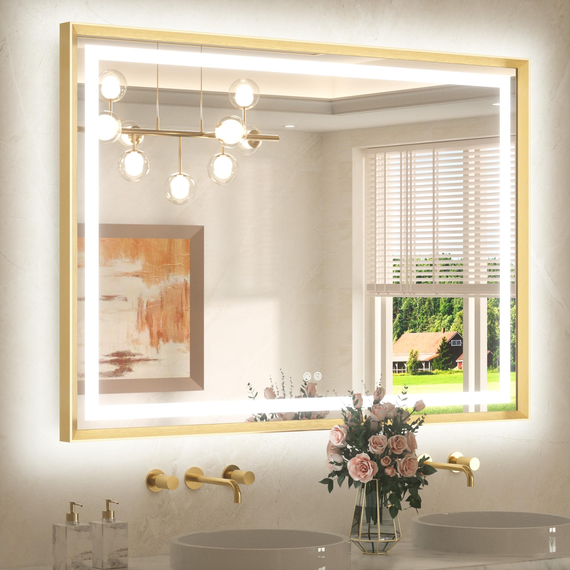 TETOTE 48 x 36 Bathroom LED Mirror Brushed Gold Metal Frame Frontlit &amp; Backlit Vanity Mirror Stepless Dimmable Anti-Fog 3 Colors White/Warm/Natural Light up Vanity Mirror Wall-Mounted