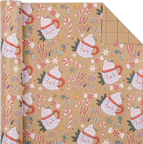 WRAPAHOLIC Papel de regalo de Navidad de estraza  Mini rollo  17 pulgadas x 33 pies  Taza de Papá Noel con cálido diseño de letras de deseos para
