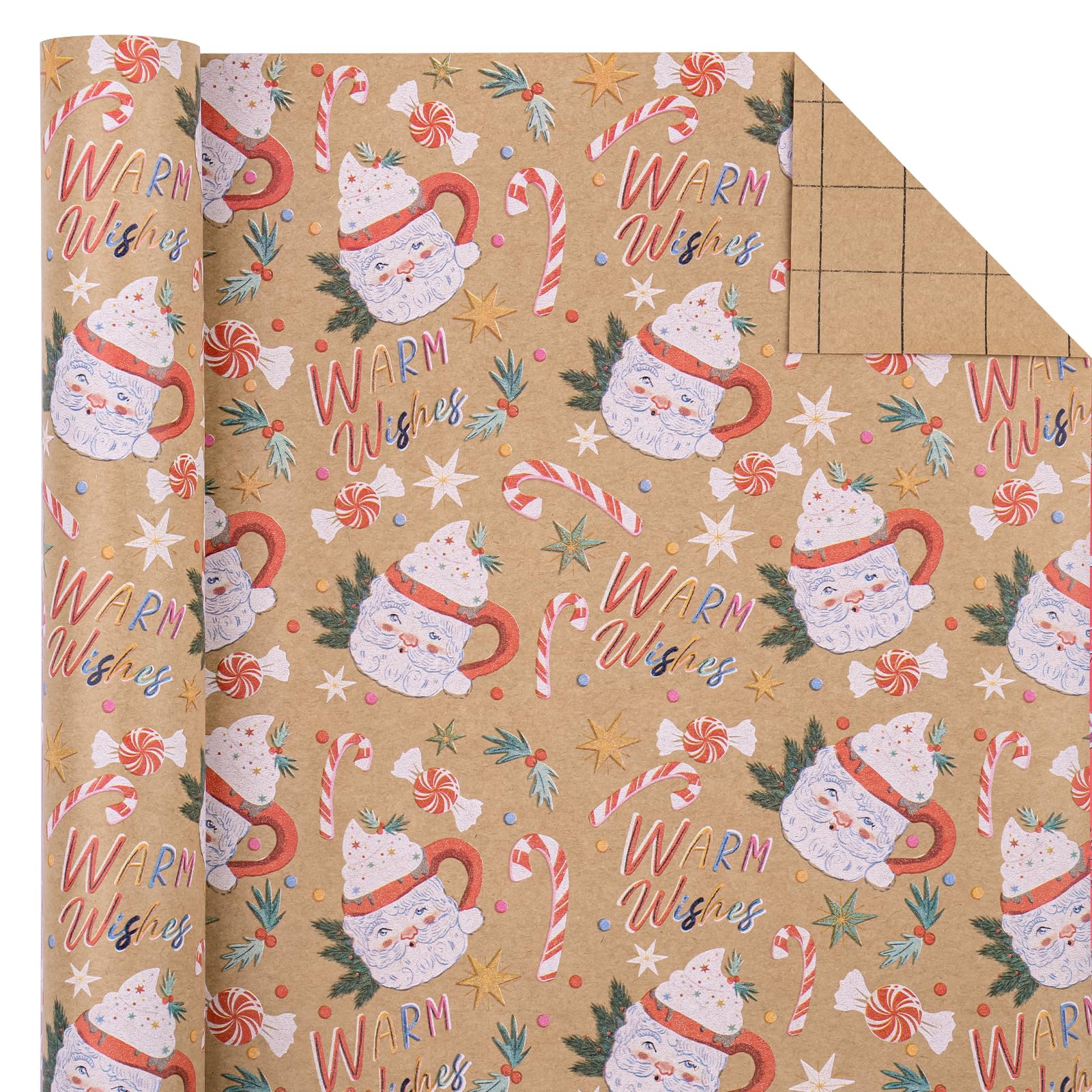 WRAPAHOLIC Kraft Christmas Wrapping Paper - Mini Roll - 17 Inch X 33 Feet - Santa Claus Cup with Warm Wish Lettering Design for Chrsitmas, Holiday, Party Celebration