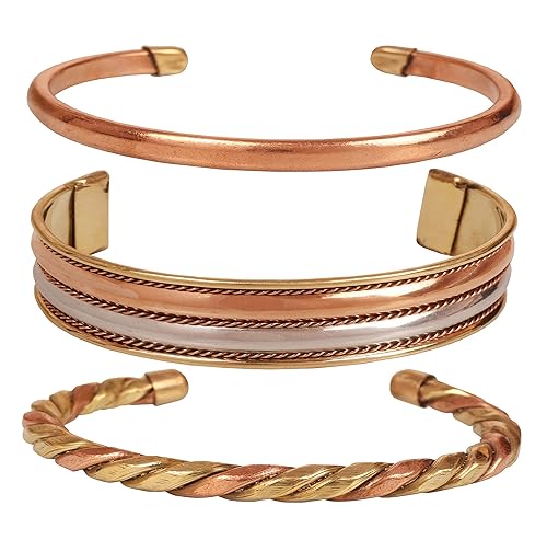 Touchstone Durable High Gauge Copper Brass Peace Healing Chakra Twisted Pipe Wires Braid Mediation 3 Bracelets in Natural Tones for Men and Women