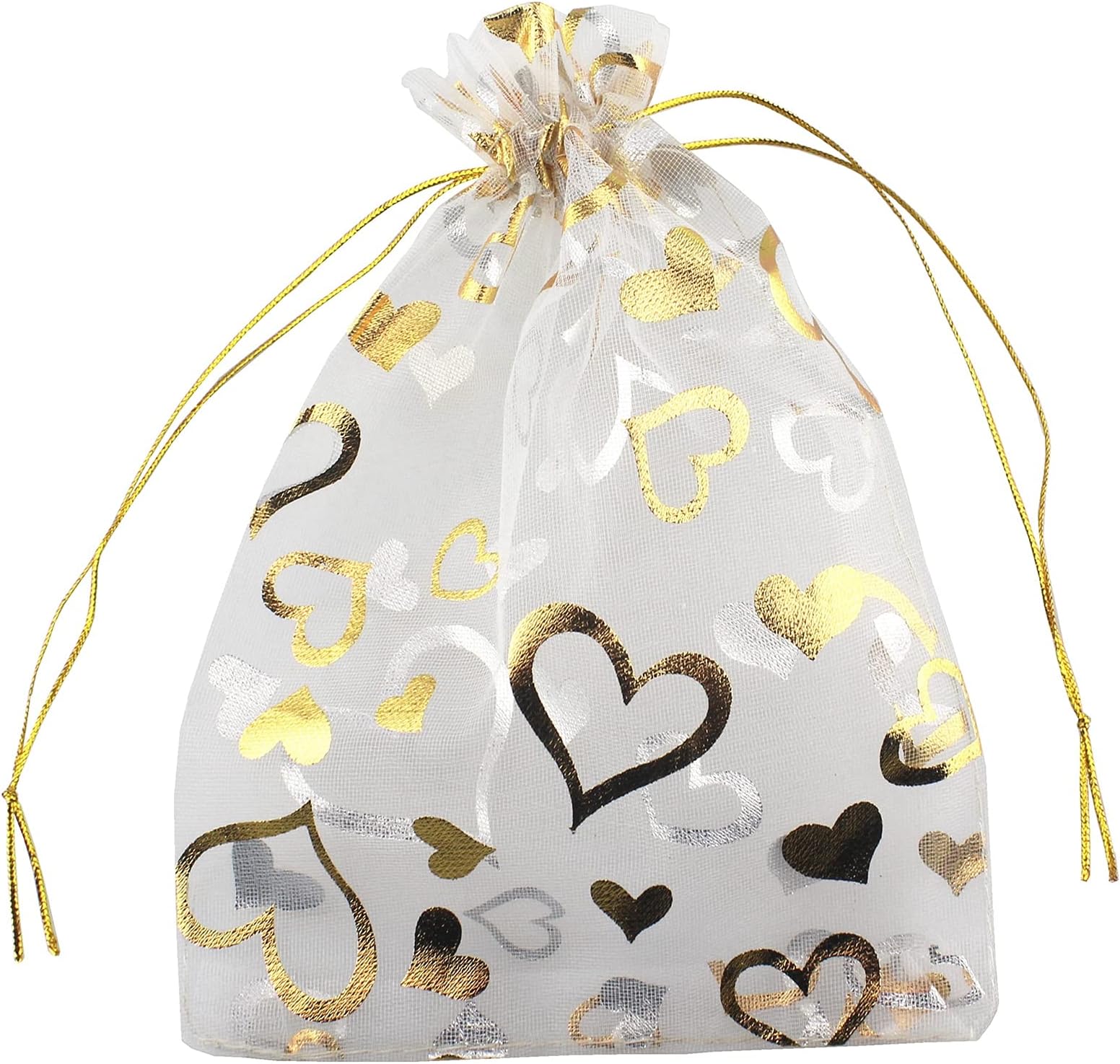 QIANHAILIZZ 5 x 7 Inch 100 Heart Organza Jewelry Gift Pouch Candy Pouch Flower Drawstring Wedding Favor Bags (White Gold Heart)