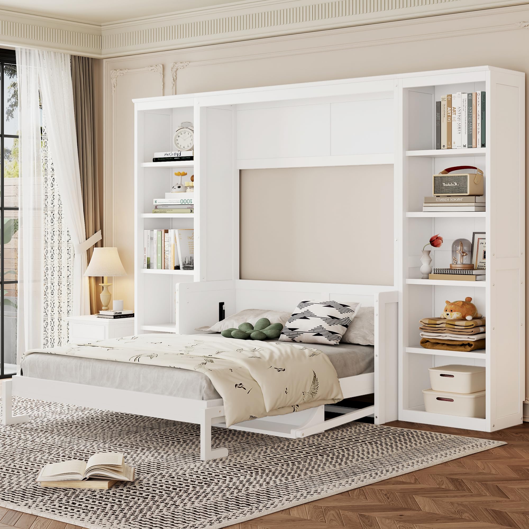 SOFTSEA Full Murphy Bed with Desk and Storage, Wood Foldable Wall Bed Frame with Bookcase Shelves, Hidden Wall Bed Cabinet for Adult, Guest Room,