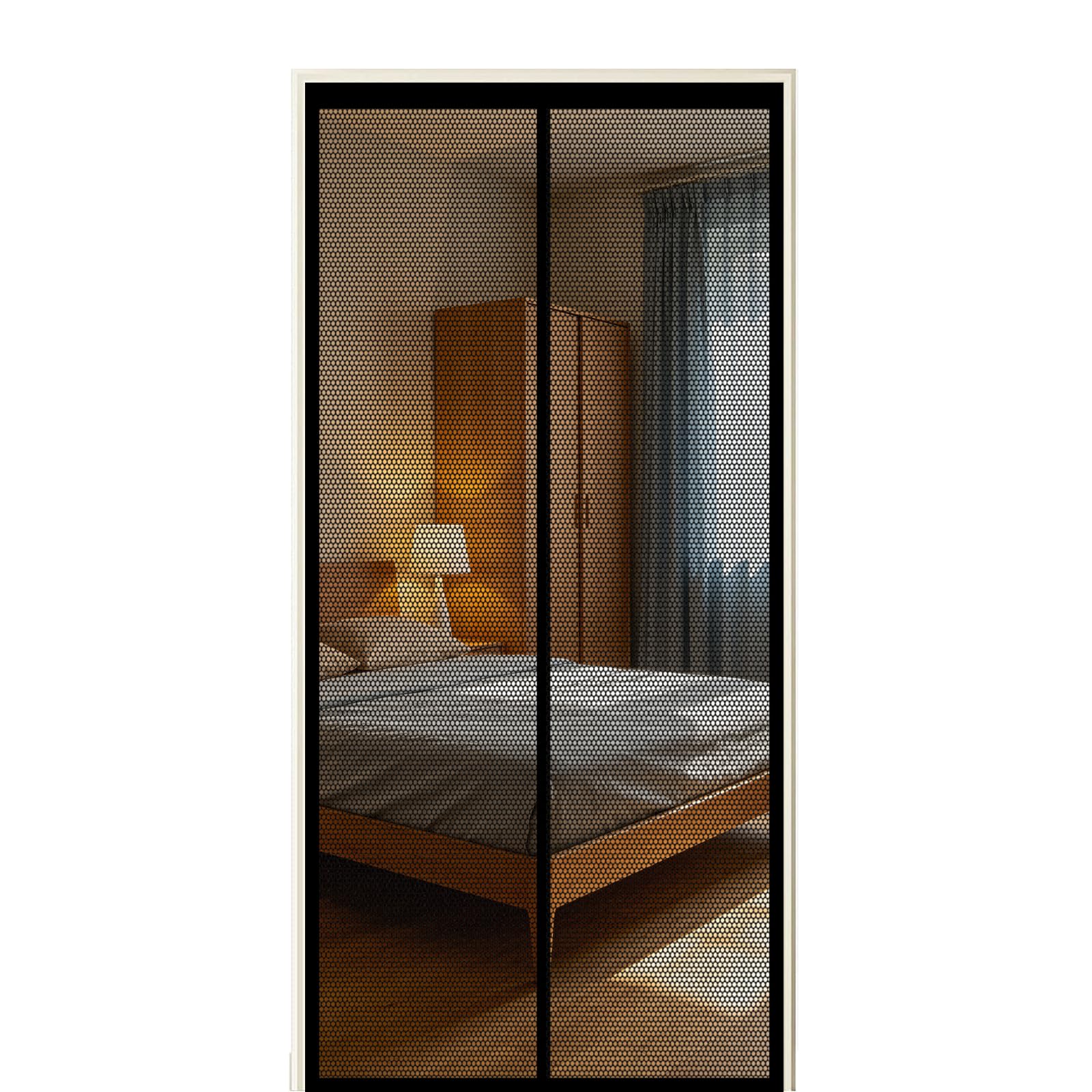 Fly Screen Door 135 x 280 cm Self Sealing Powerful Magnets Fly Screens Doors Nets with Powerful Magnets & Full Frame Magic Tape Suitable for Patio Doors Balcony Bedroom, Black