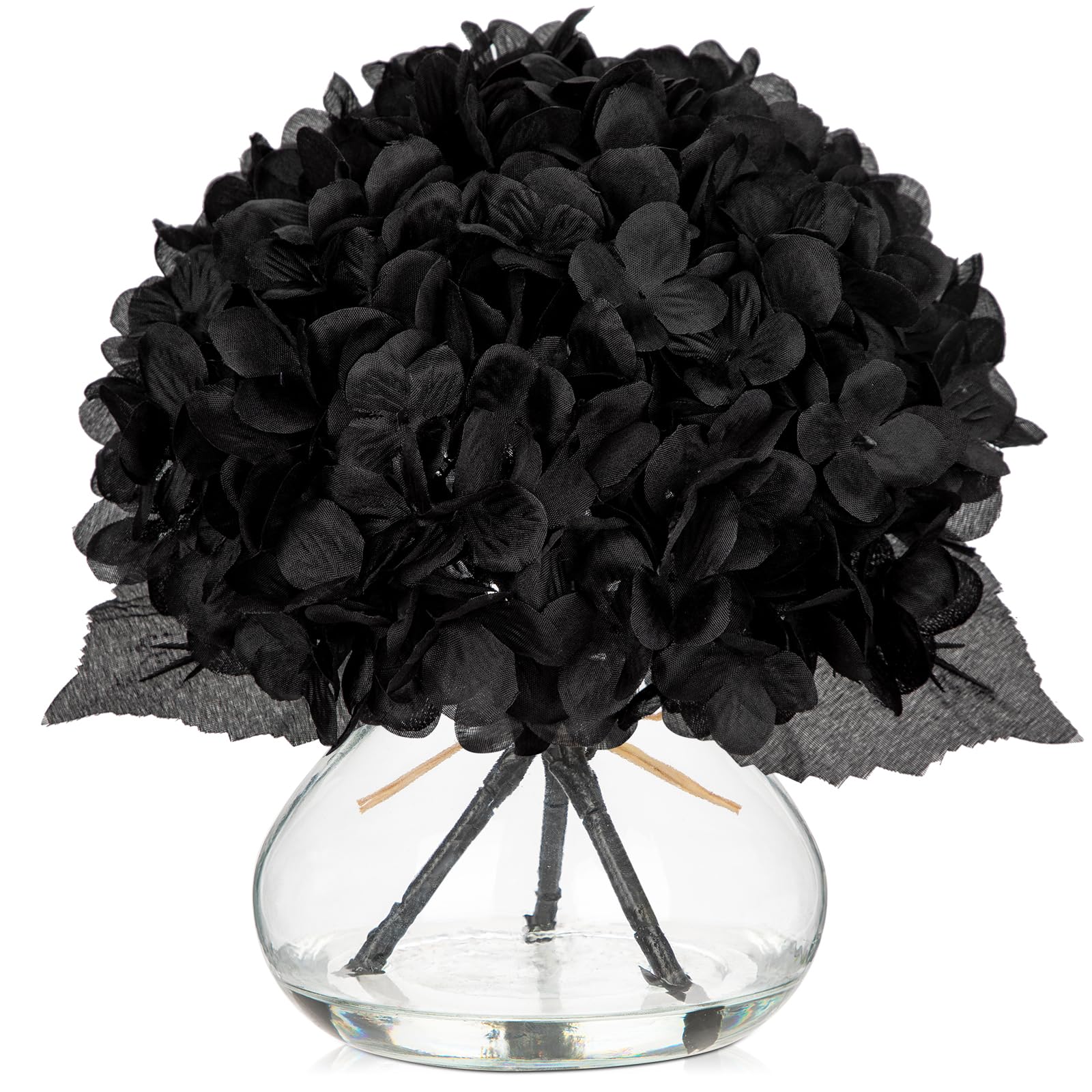 Oairse Hydrangea Artificial Flowers with Glass Vase Black Silk Faux Flowers Arrangements in Vase with Faux Water Fake Floral Bulk Bouquet for Home Decor Wedding Halloween Table Centerpiece Decorations — image 1