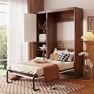 Ball & Cast Murphy Bed Twin Size Folding Wall Bed with Cabinet and Drawer,can be Folded,Wood Space-Saving Furniture Hideaway Platform Bedframe w/Slat Support,for Guest Room,Study,Office,White