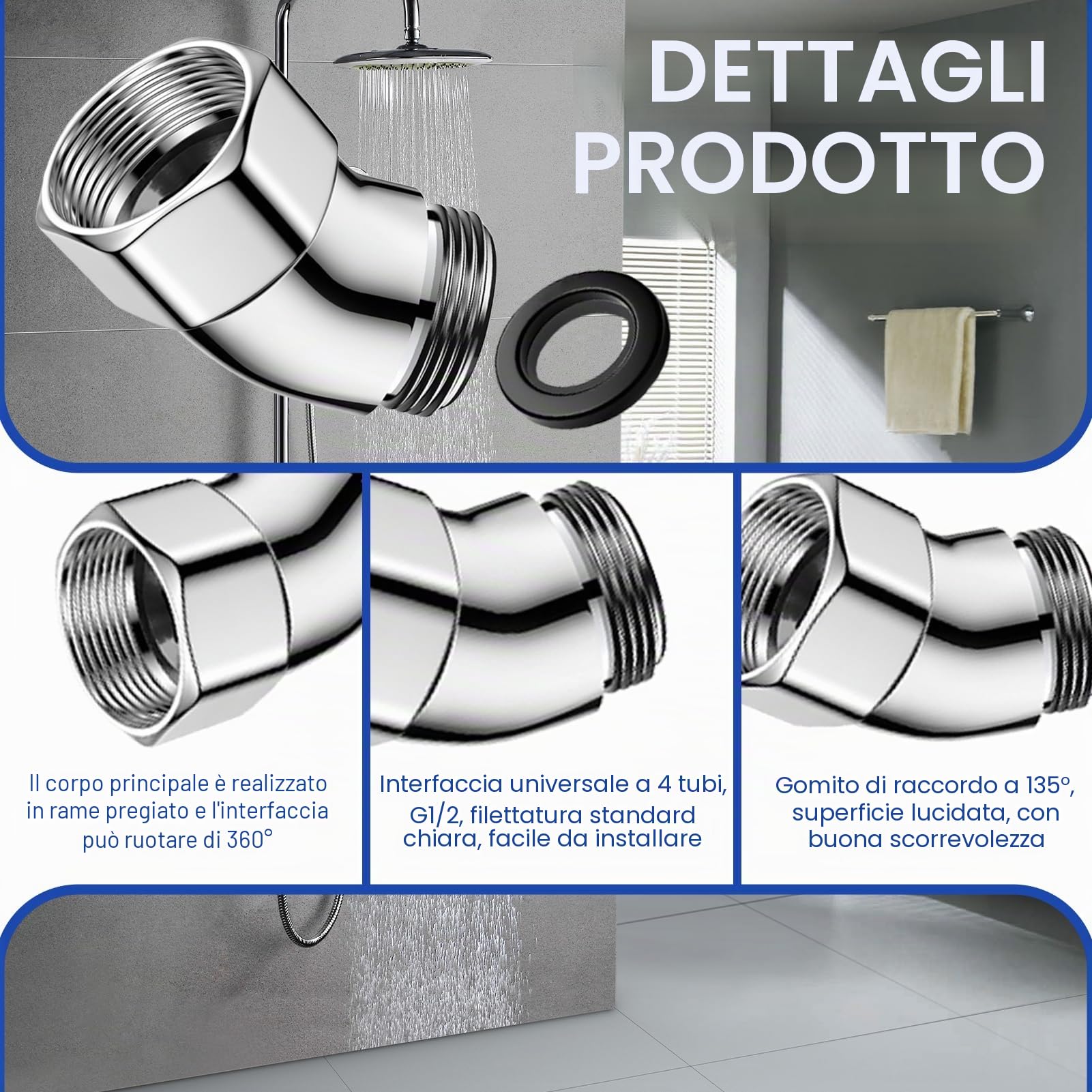 Adattatore Doccia 135° Connettore Angolare per Soffione in Rame con Guarnizione