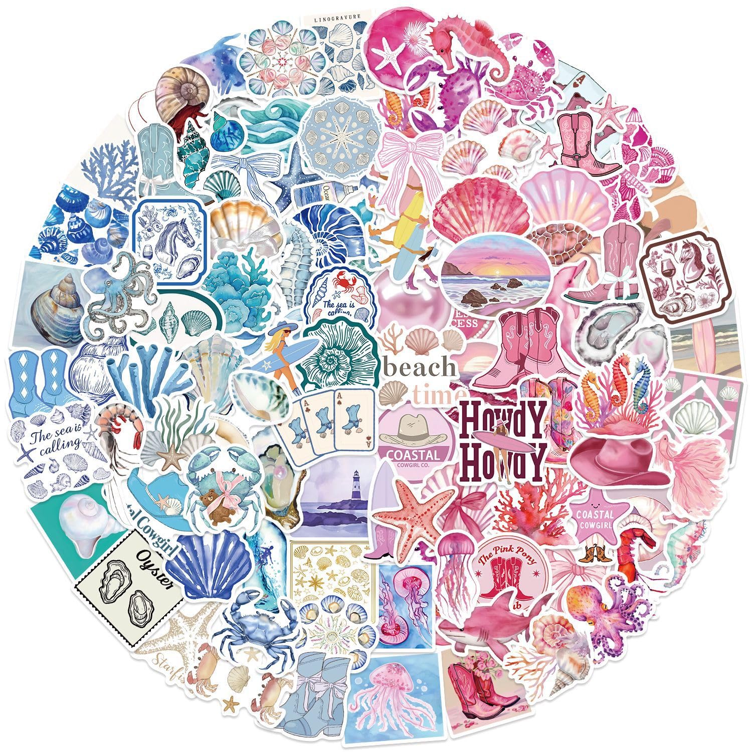 100PCS Coastal Cowgirl Stickers for Teen, Beach & Western Style Vinyl Stickers for Water Bottles, Laptops, Scrapbooks, Waterproof Stickers for Coastal Aesthetic Fans